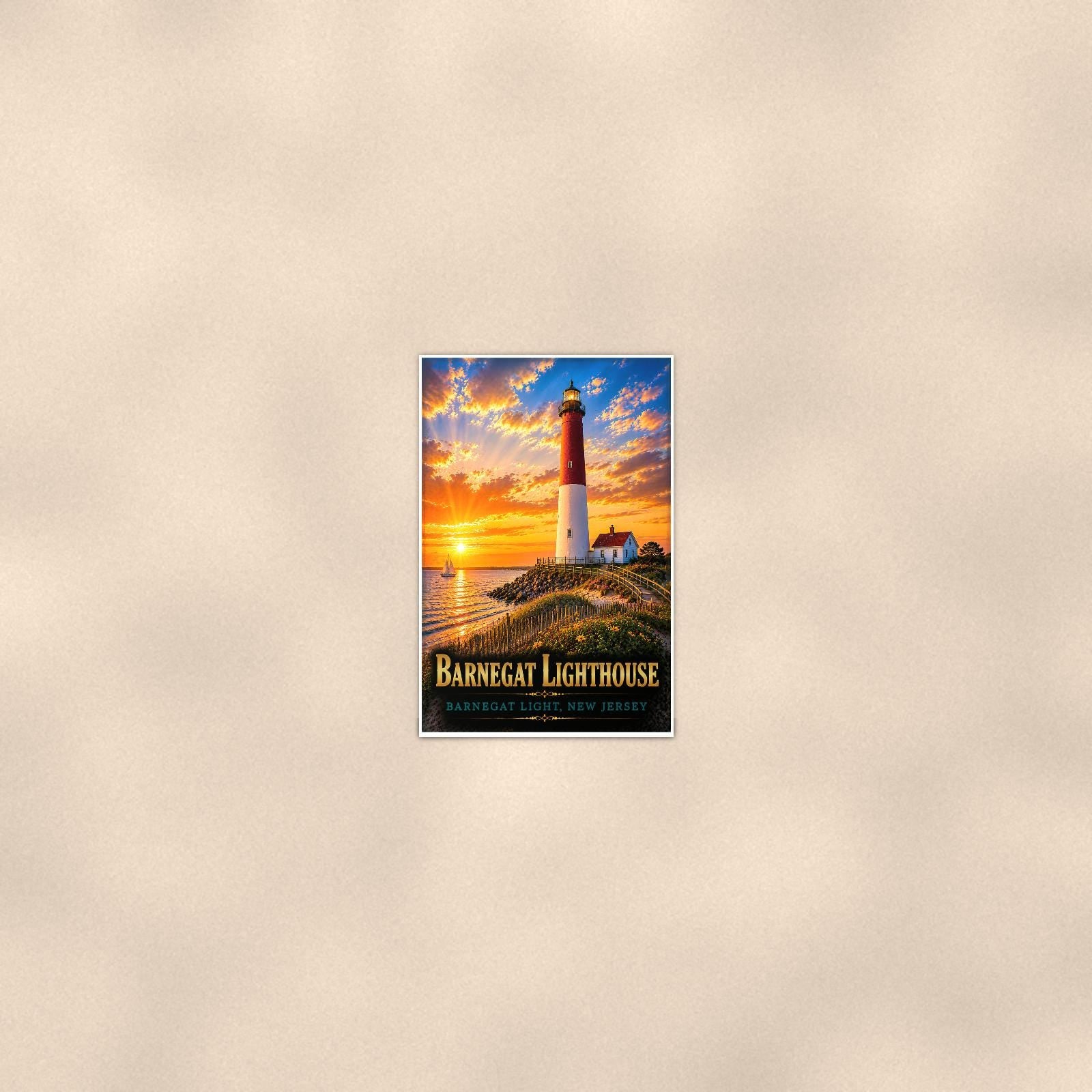 Barnegat Lighthouse — 24x36 in art print poster, premium luster paper with a white border; poster seen from further back, at true 24x36 in scale on a warm wall.