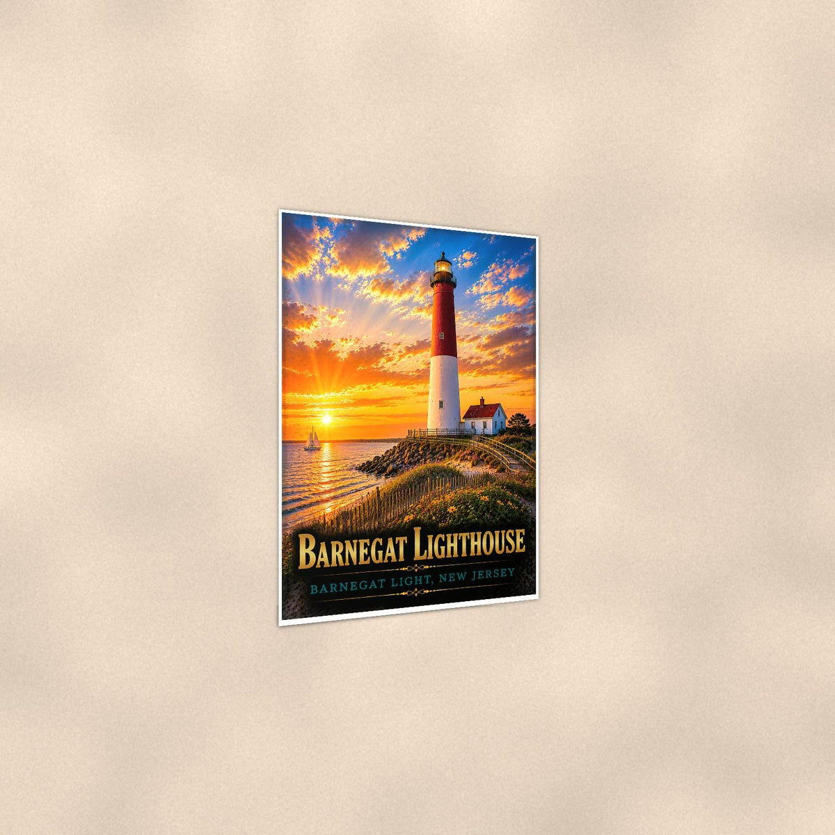 Barnegat Lighthouse — 24x36 in art print poster, premium luster paper with a white border; gentle three-quarter angle on a warm wall, showing the flat paper edge.