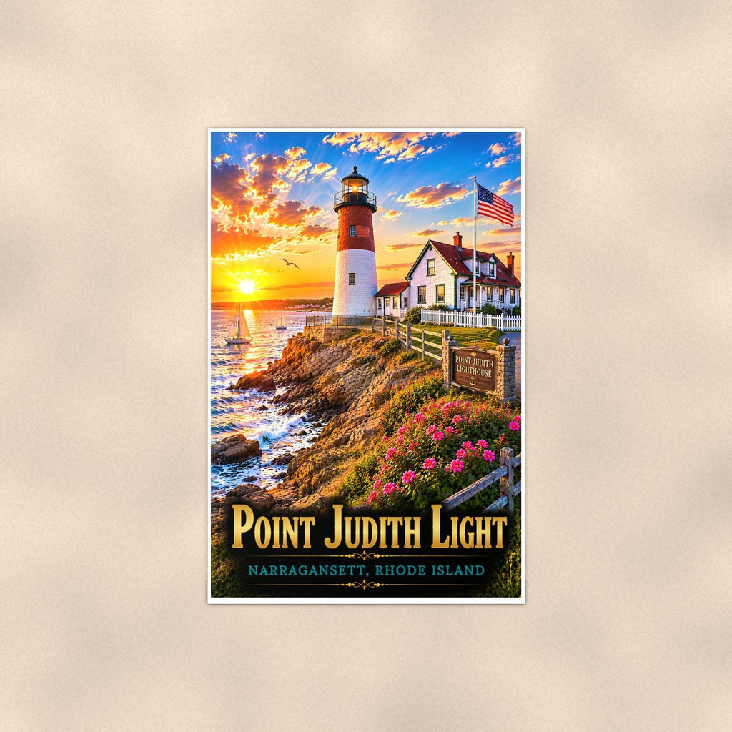 Point Judith Lighthouse — 24x36 in art print poster, premium luster paper with a white border; poster shown straight on against a warm wall.