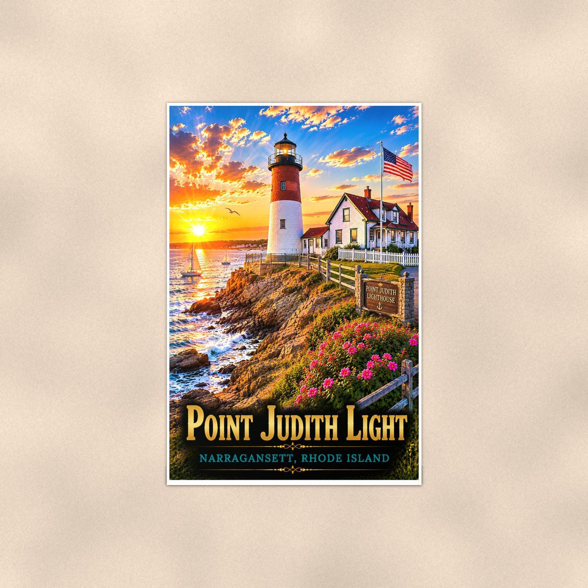 Point Judith Lighthouse — 24x36 in art print poster, premium luster paper with a white border; poster shown straight on against a warm wall.