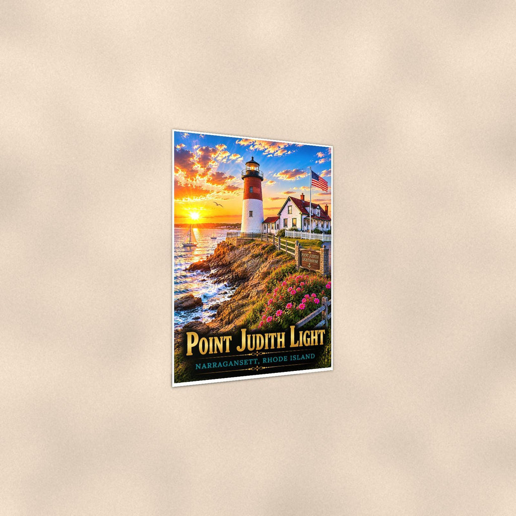 Point Judith Lighthouse — 24x36 in art print poster, premium luster paper with a white border; gentle three-quarter angle on a warm wall, showing the flat paper edge.