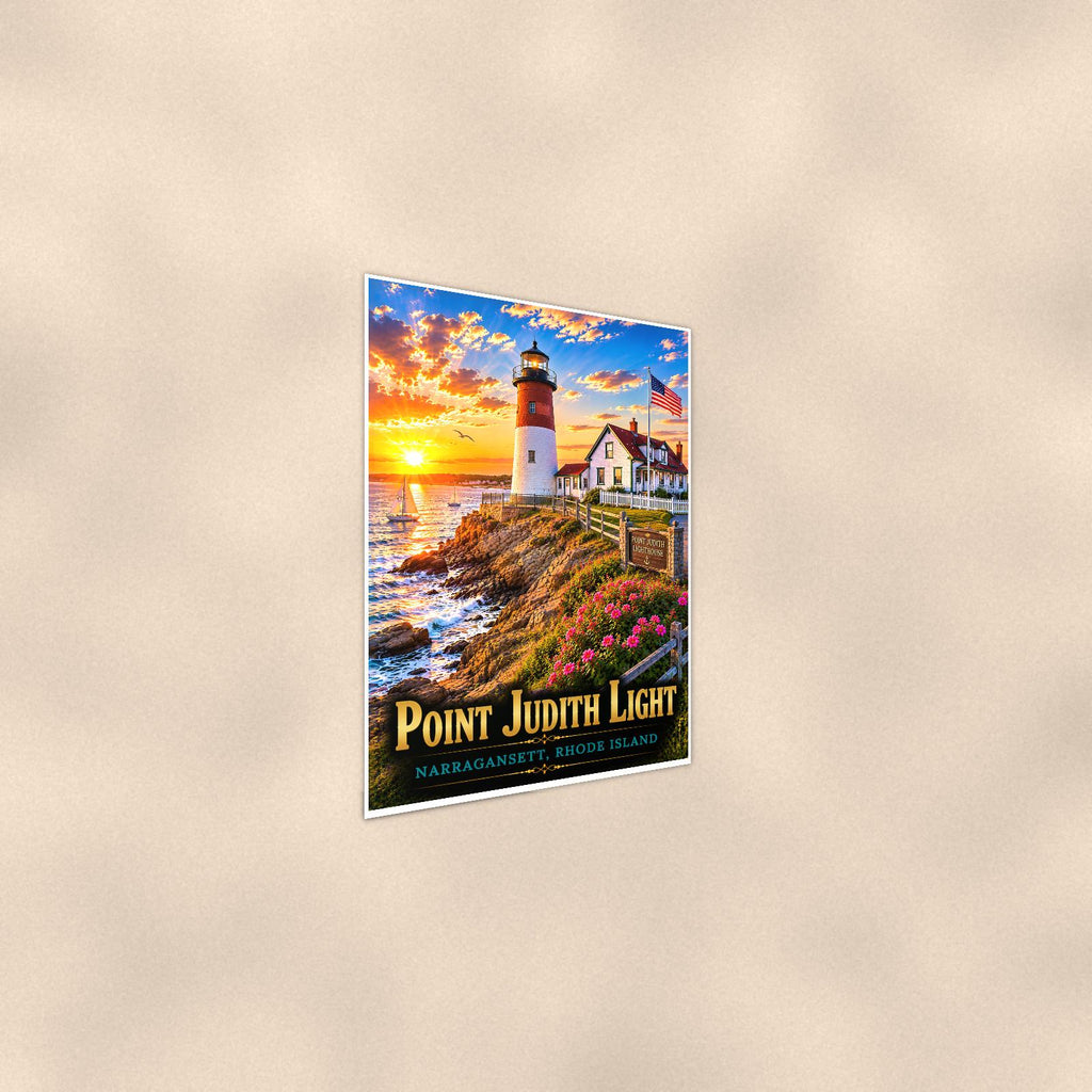 Point Judith Lighthouse — 24x36 in art print poster, premium luster paper with a white border; steeper three-quarter angle on a warm wall, catching the luster sheen.