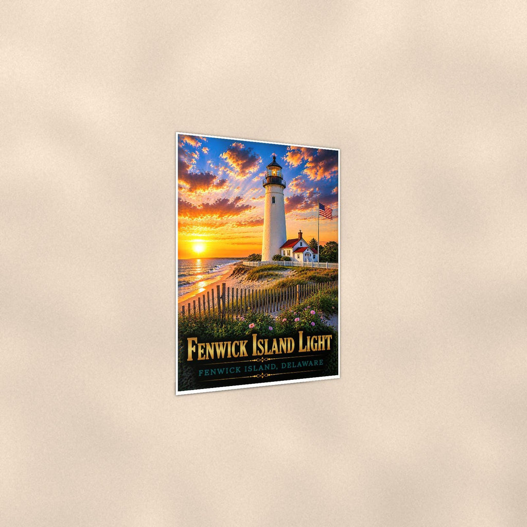 Fenwick Island Lighthouse — 24x36 in art print poster, premium luster paper with a white border; gentle three-quarter angle on a warm wall, showing the flat paper edge.