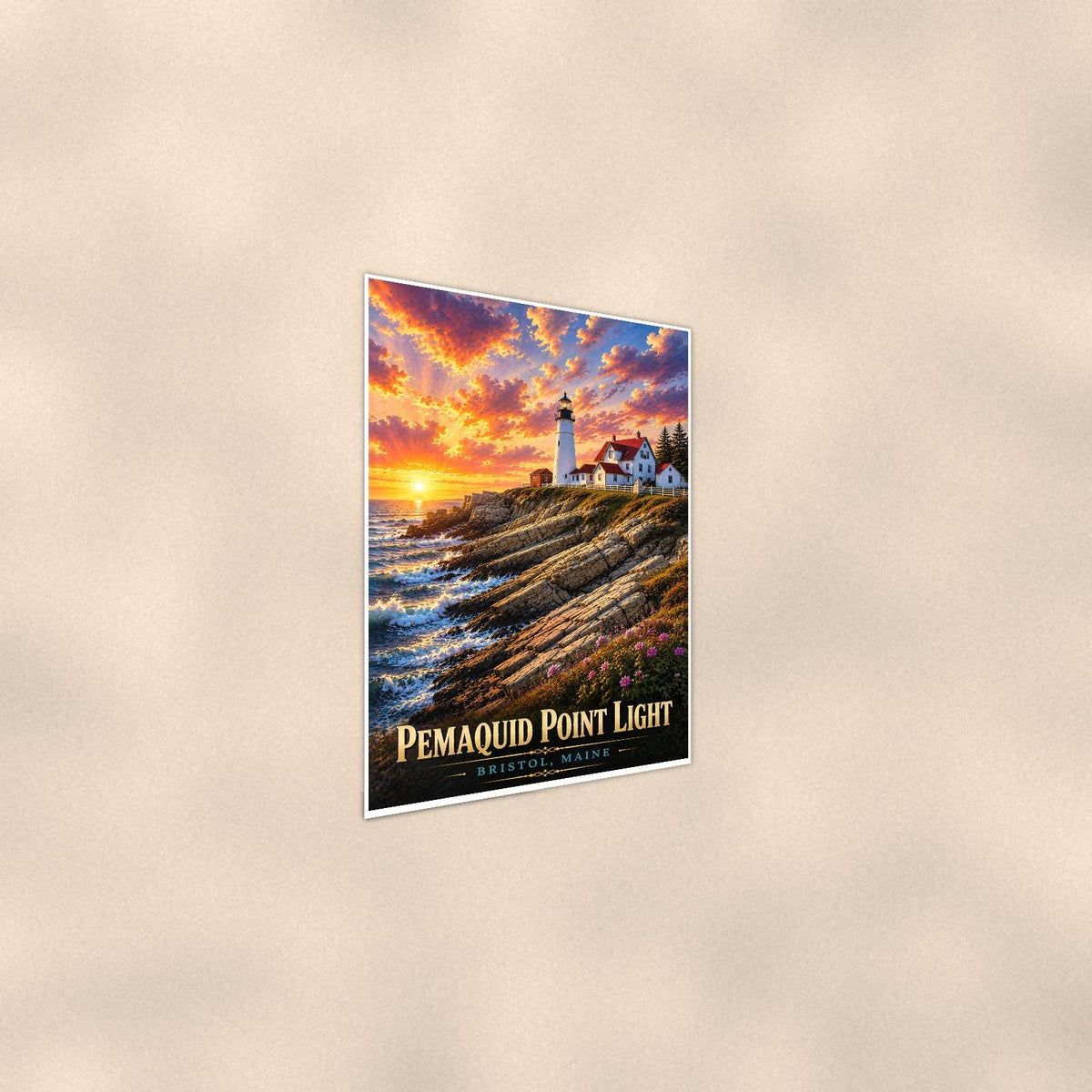 Pemaquid Point Lighthouse — 24x36 in art print poster, premium luster paper with a white border; steeper three-quarter angle on a warm wall, catching the luster sheen.