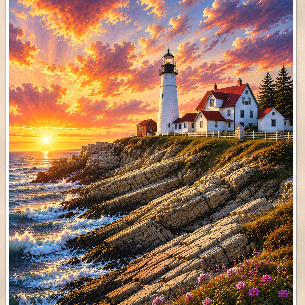 Pemaquid Point Lighthouse — 24x36 in art print poster, premium luster paper with a white border; close-up framed on the main subject of the artwork, paper surface visible.