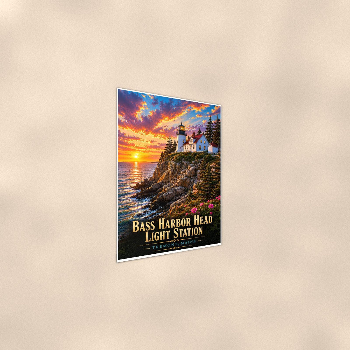 Bass Harbor Head Light Station Lighthouse — 24x36 in art print poster, premium luster paper with a white border; steeper three-quarter angle on a warm wall, catching the luster sheen.