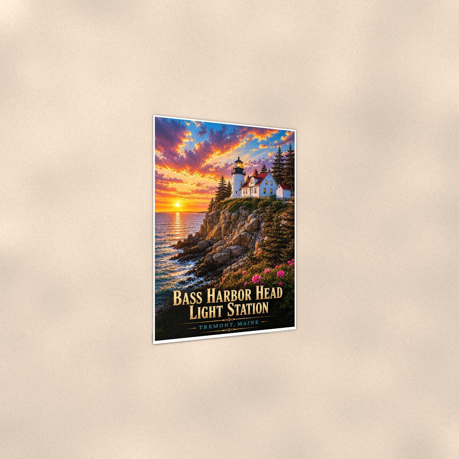 Bass Harbor Head Light Station Lighthouse — 24x36 in art print poster, premium luster paper with a white border; gentle three-quarter angle on a warm wall, showing the flat paper edge.