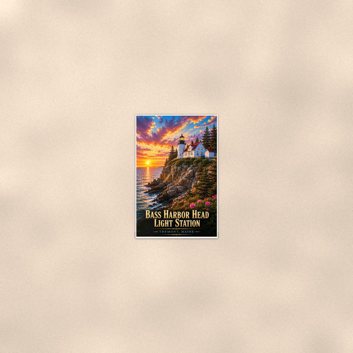 Bass Harbor Head Light Station Lighthouse — 24x36 in art print poster, premium luster paper with a white border; poster seen from further back, at true 24x36 in scale on a warm wall.