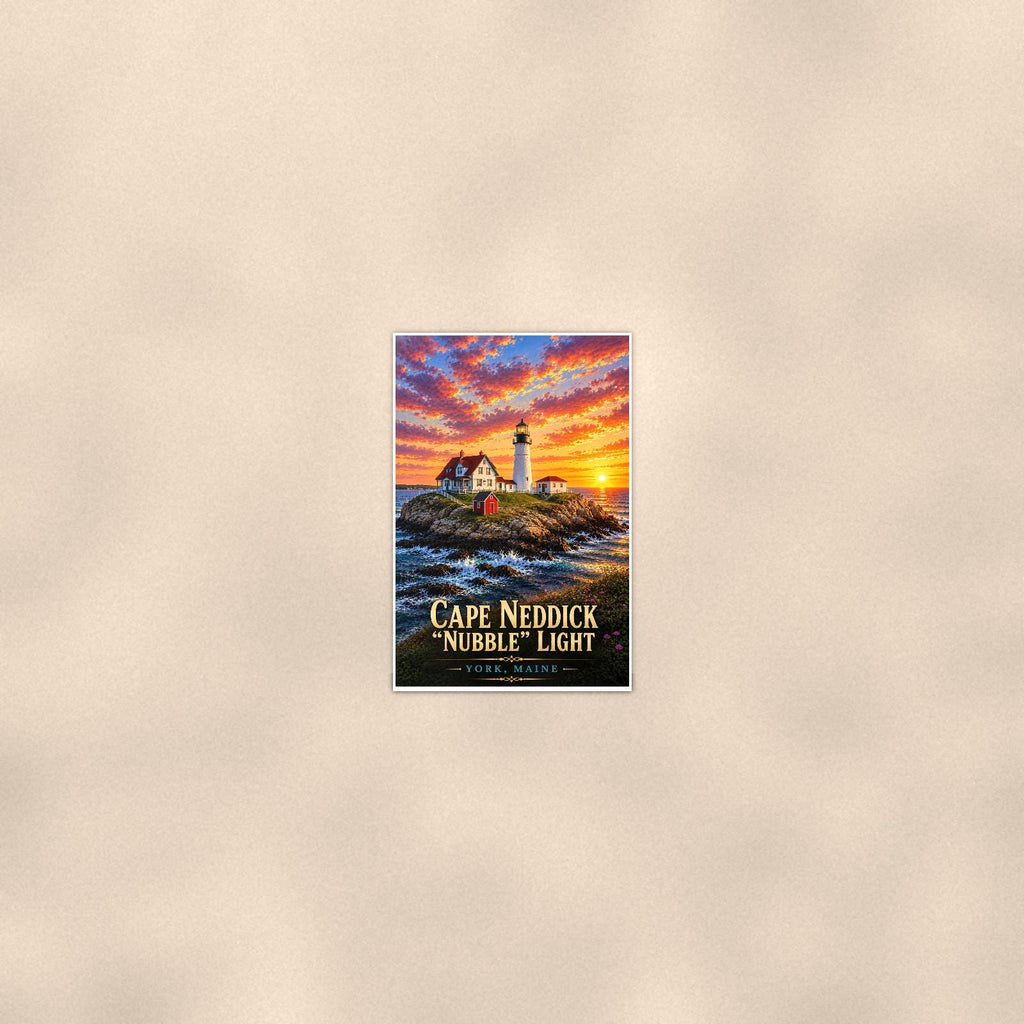 Cape Neddick 'Nubble' Lighthouse — 24x36 in art print poster, premium luster paper with a white border; poster seen from further back, at true 24x36 in scale on a warm wall.