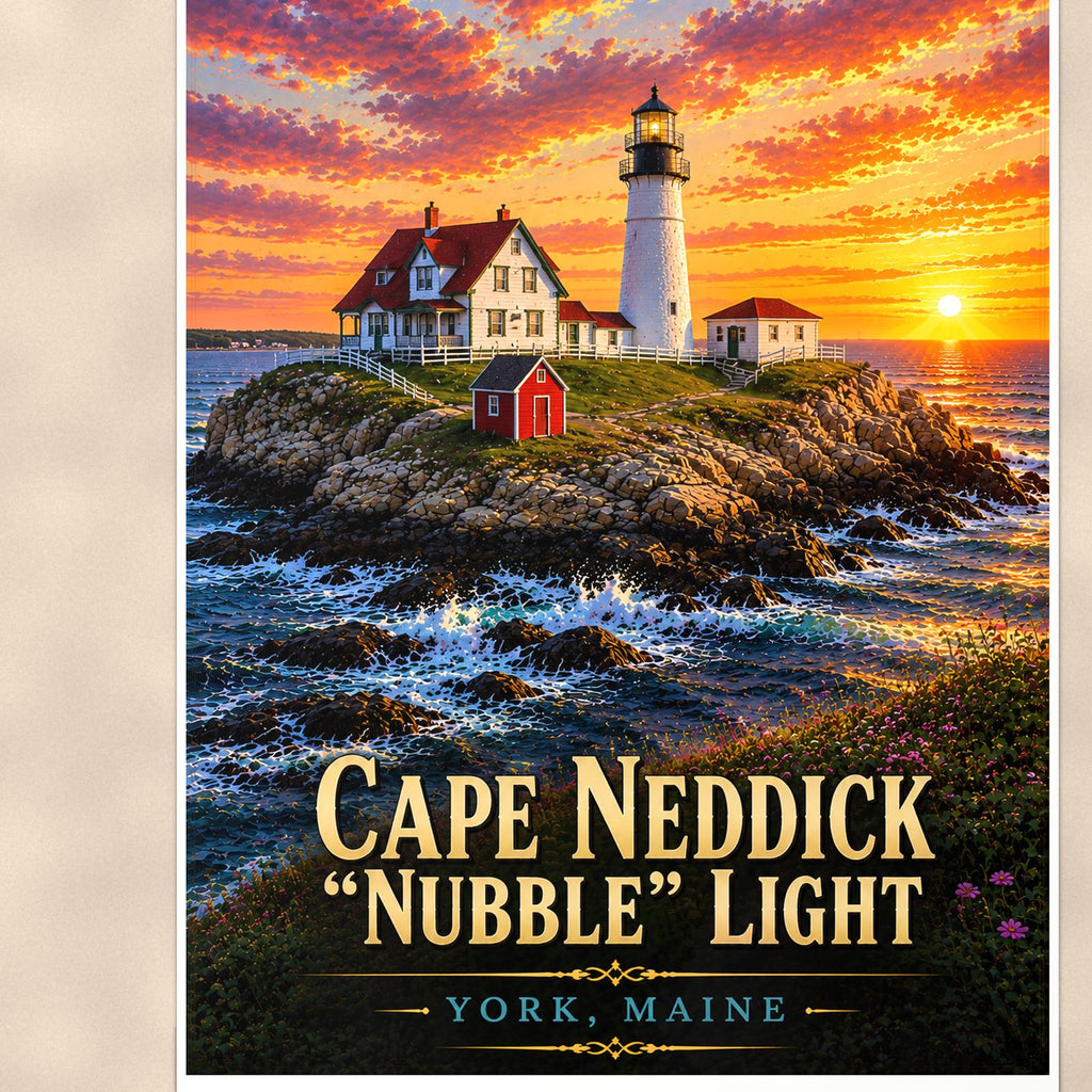 Cape Neddick 'Nubble' Lighthouse — 24x36 in art print poster, premium luster paper with a white border; close-up framed on the main subject of the artwork, paper surface visible.