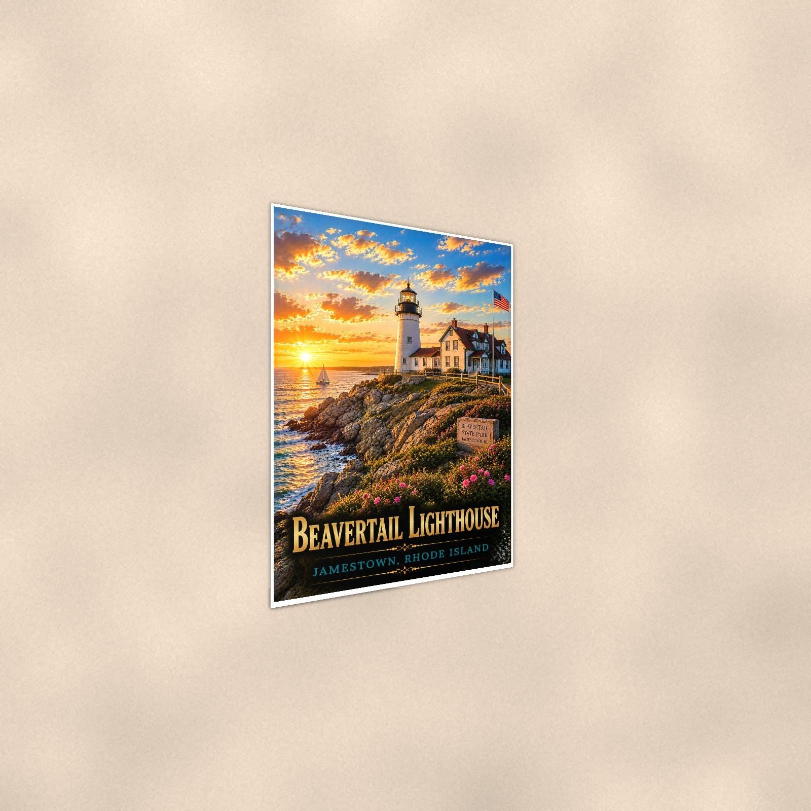Beavertail Lighthouse — 24x36 in art print poster, premium luster paper with a white border; steeper three-quarter angle on a warm wall, catching the luster sheen.