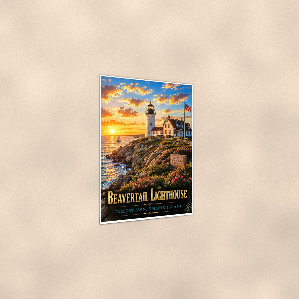 Beavertail Lighthouse — 24x36 in art print poster, premium luster paper with a white border; gentle three-quarter angle on a warm wall, showing the flat paper edge.