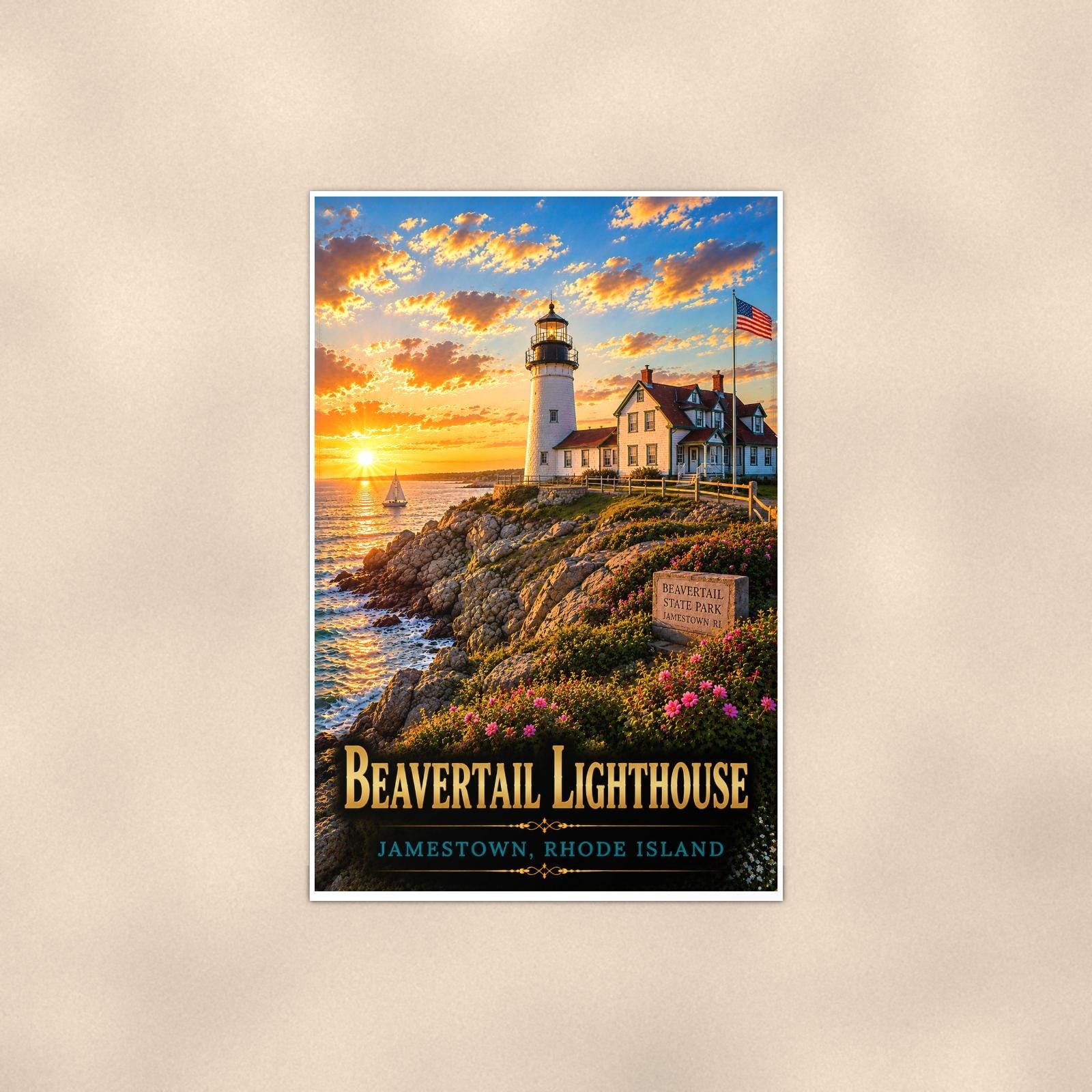 Beavertail Lighthouse — 24x36 in art print poster, premium luster paper with a white border; poster shown straight on against a warm wall.