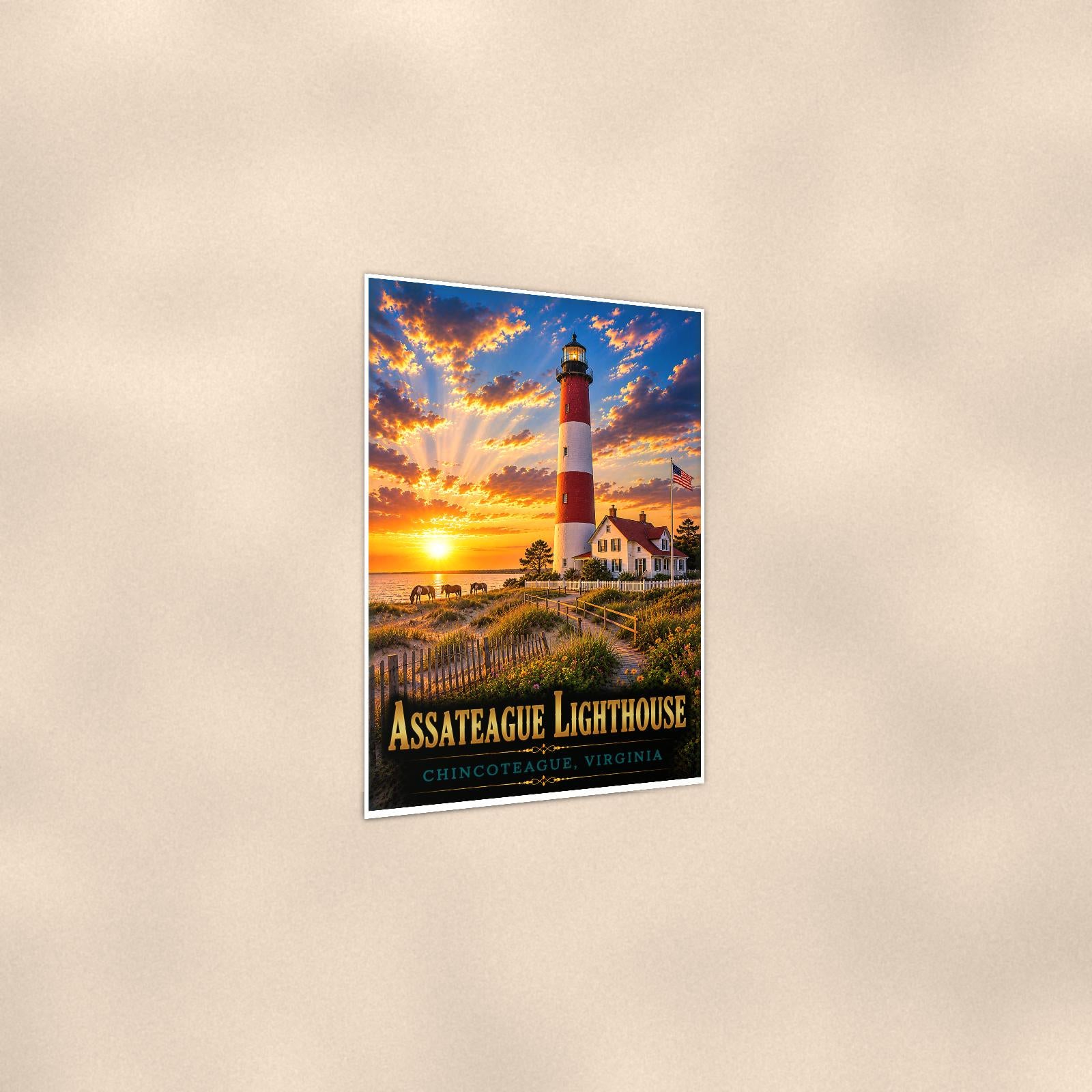 Assateague Lighthouse — 24x36 in art print poster, premium luster paper with a white border; gentle three-quarter angle on a warm wall, showing the flat paper edge.