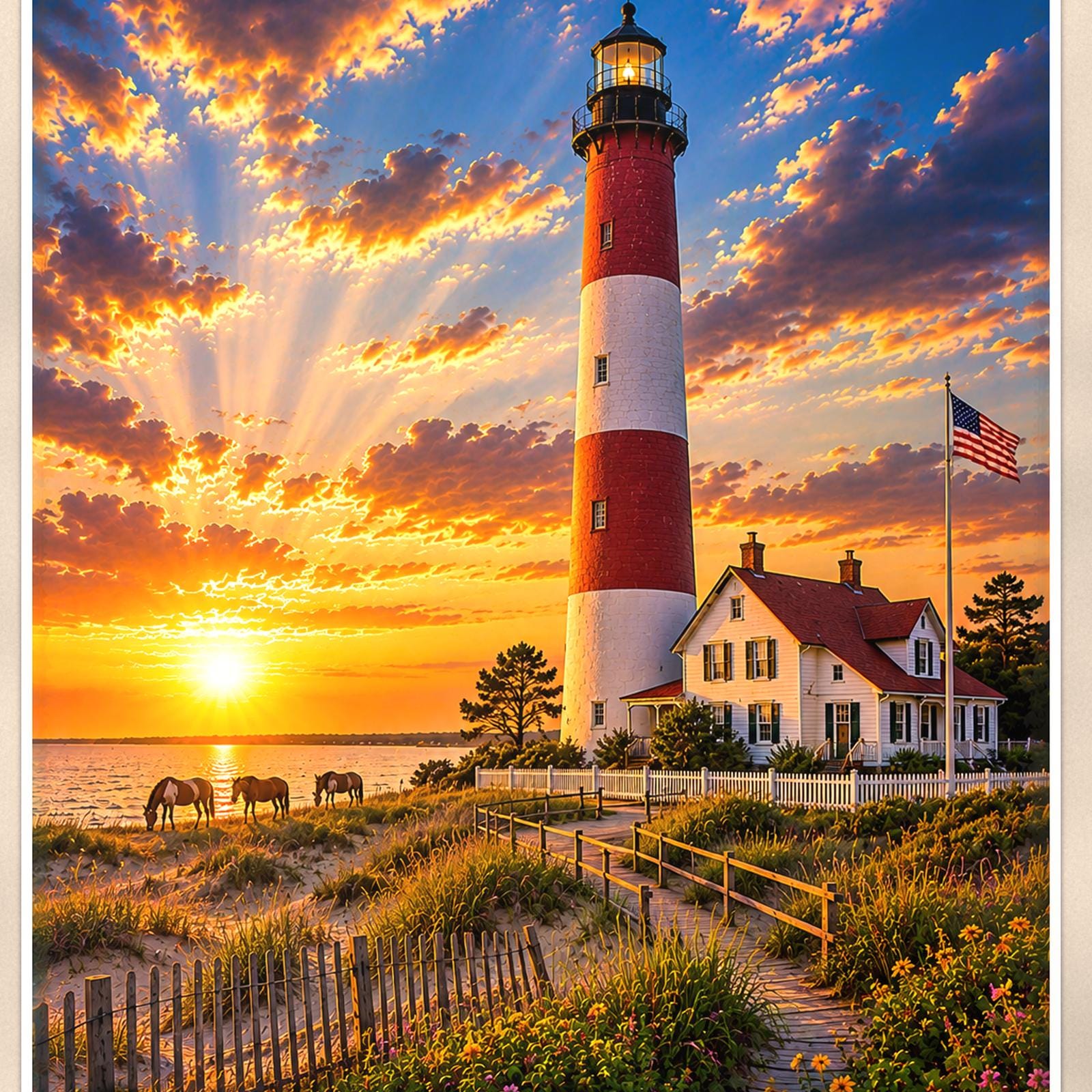 Assateague Lighthouse — 24x36 in art print poster, premium luster paper with a white border; close-up framed on the main subject of the artwork, paper surface visible.