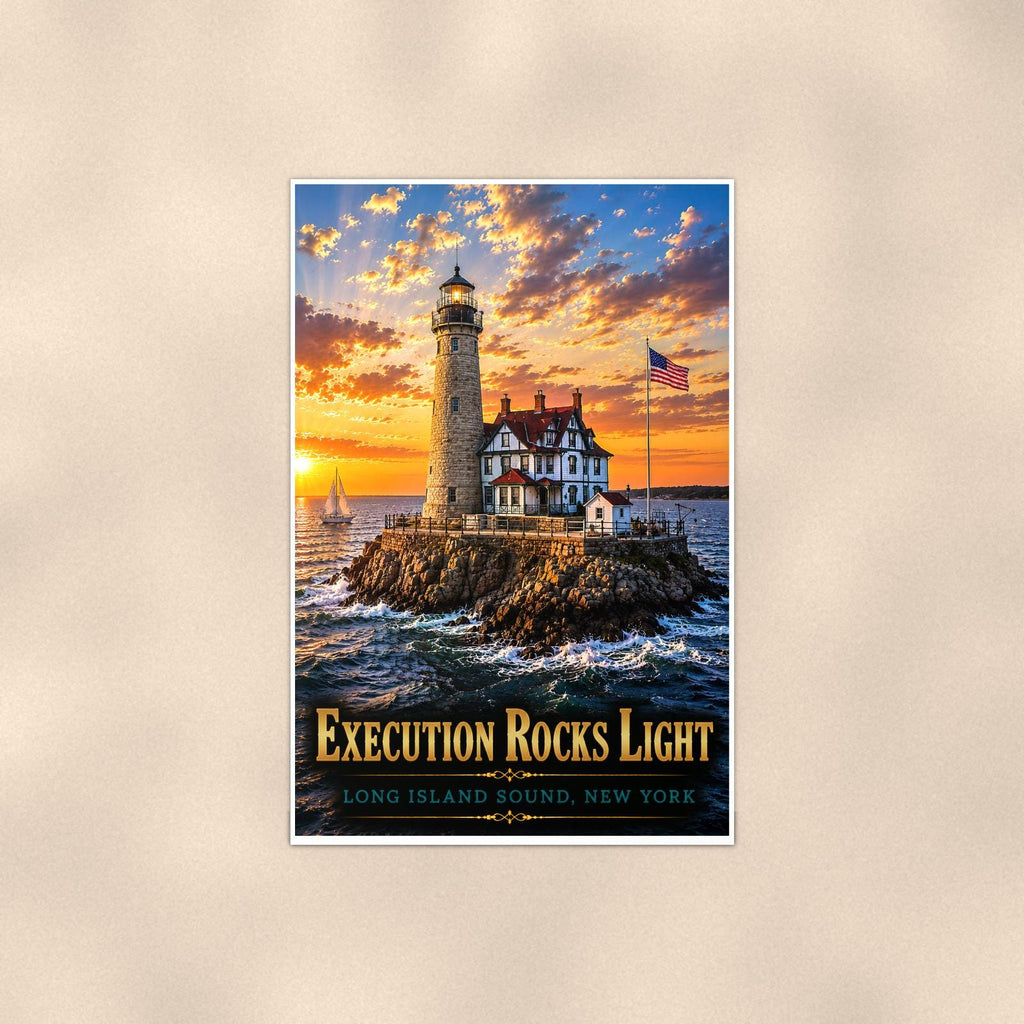 Execution Rocks Lighthouse — 24x36 in art print poster, premium luster paper with a white border; poster shown straight on against a warm wall.