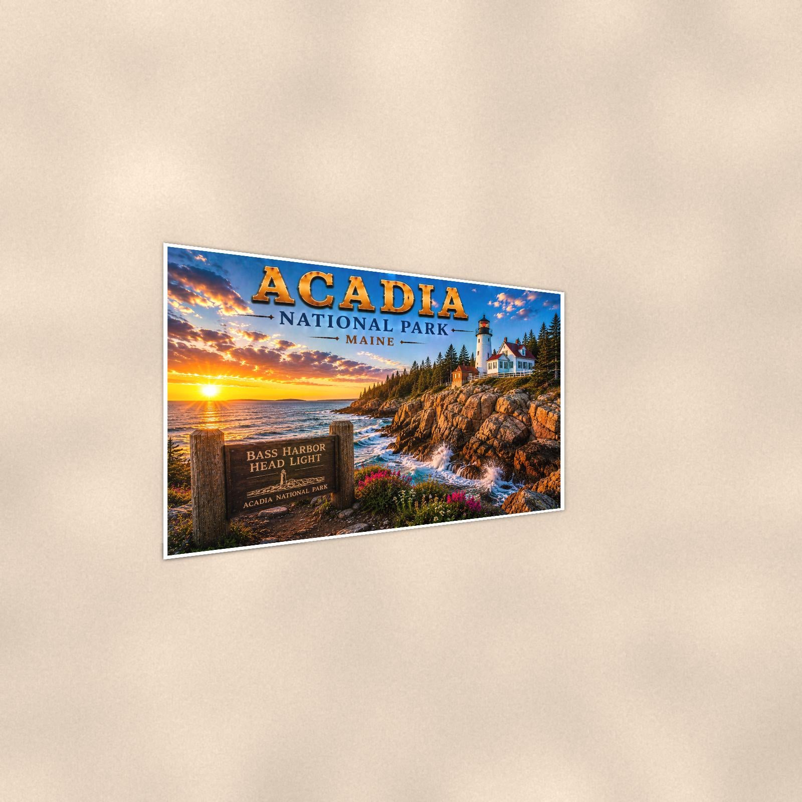 Acadia National Park Lighthouse — 36x24 in art print poster, premium luster paper with a white border; steeper three-quarter angle on a warm wall, catching the luster sheen.
