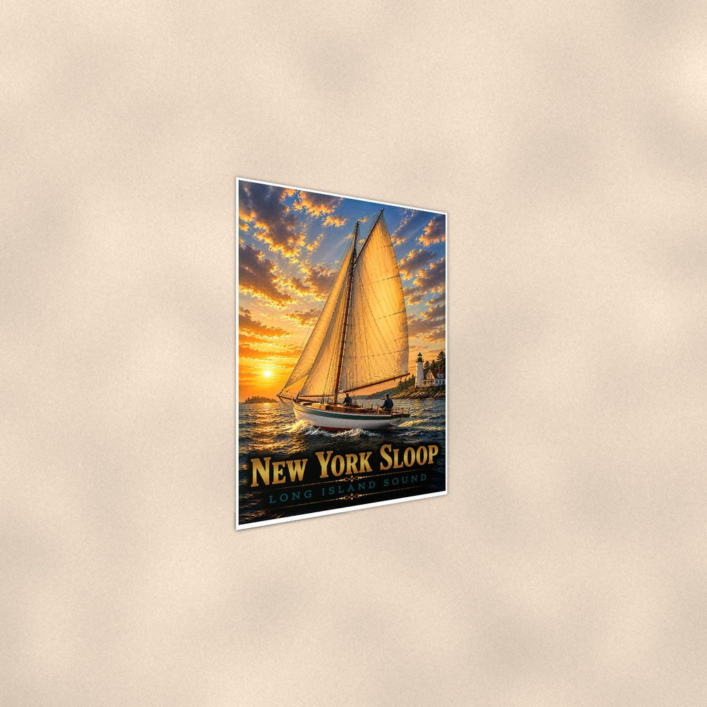 New York Sloop — 24x36 in art print poster, premium luster paper with a white border; steeper three-quarter angle on a warm wall, catching the luster sheen.