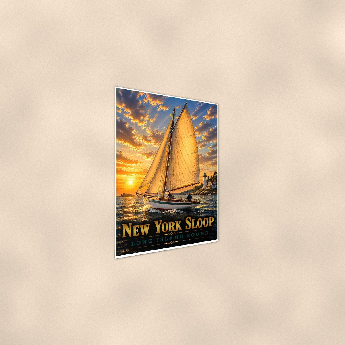 New York Sloop — 24x36 in art print poster, premium luster paper with a white border; steeper three-quarter angle on a warm wall, catching the luster sheen.