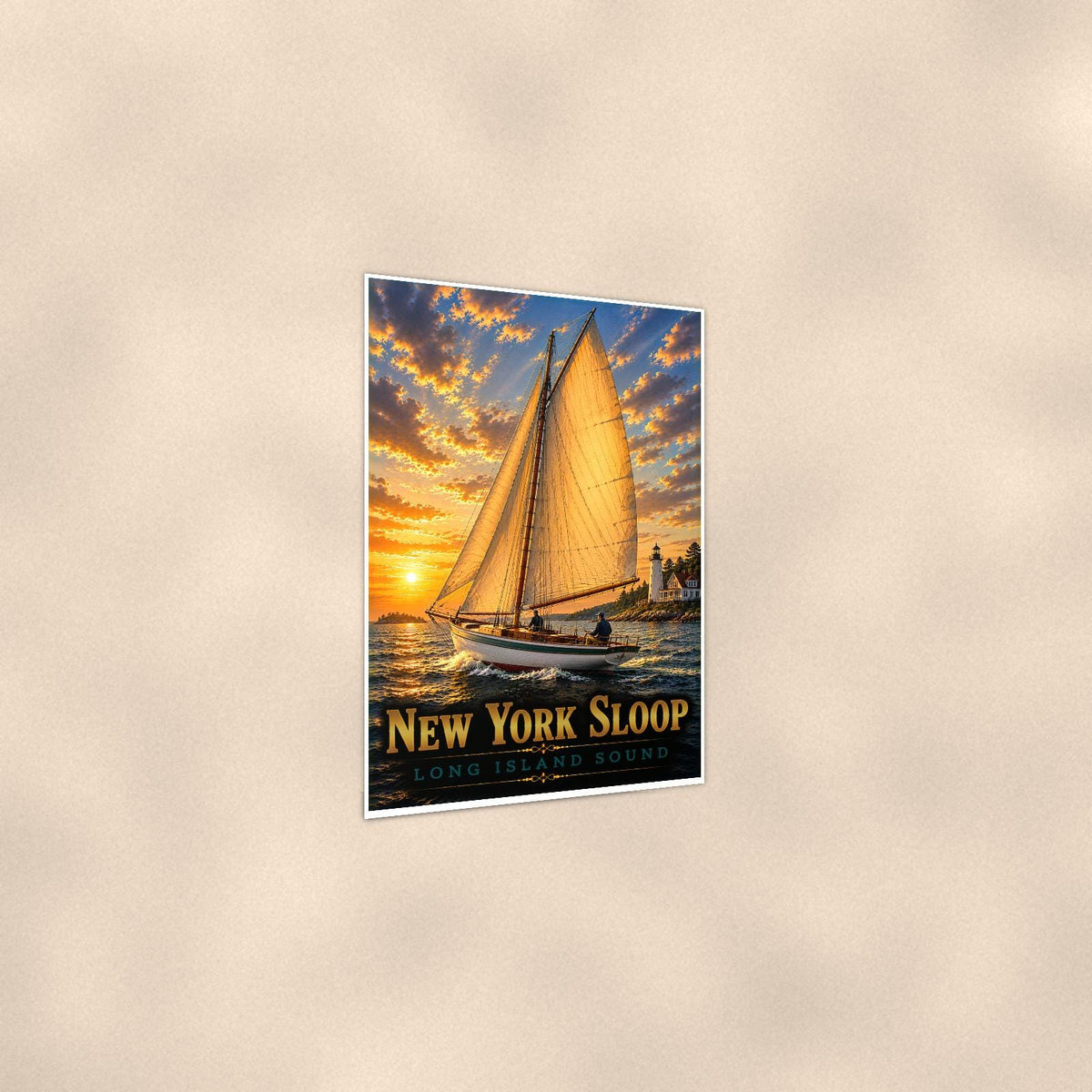 New York Sloop — 24x36 in art print poster, premium luster paper with a white border; gentle three-quarter angle on a warm wall, showing the flat paper edge.