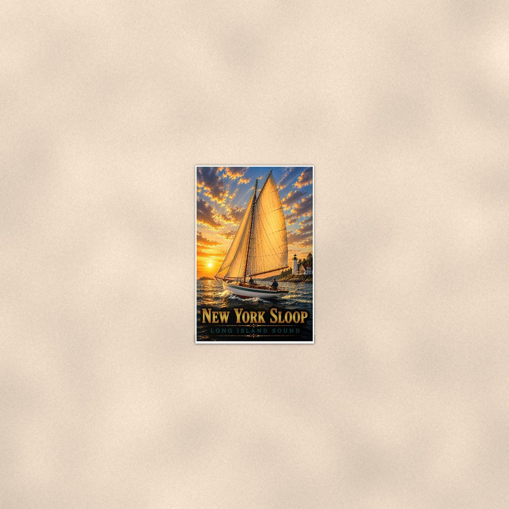 New York Sloop — 24x36 in art print poster, premium luster paper with a white border; poster seen from further back, at true 24x36 in scale on a warm wall.