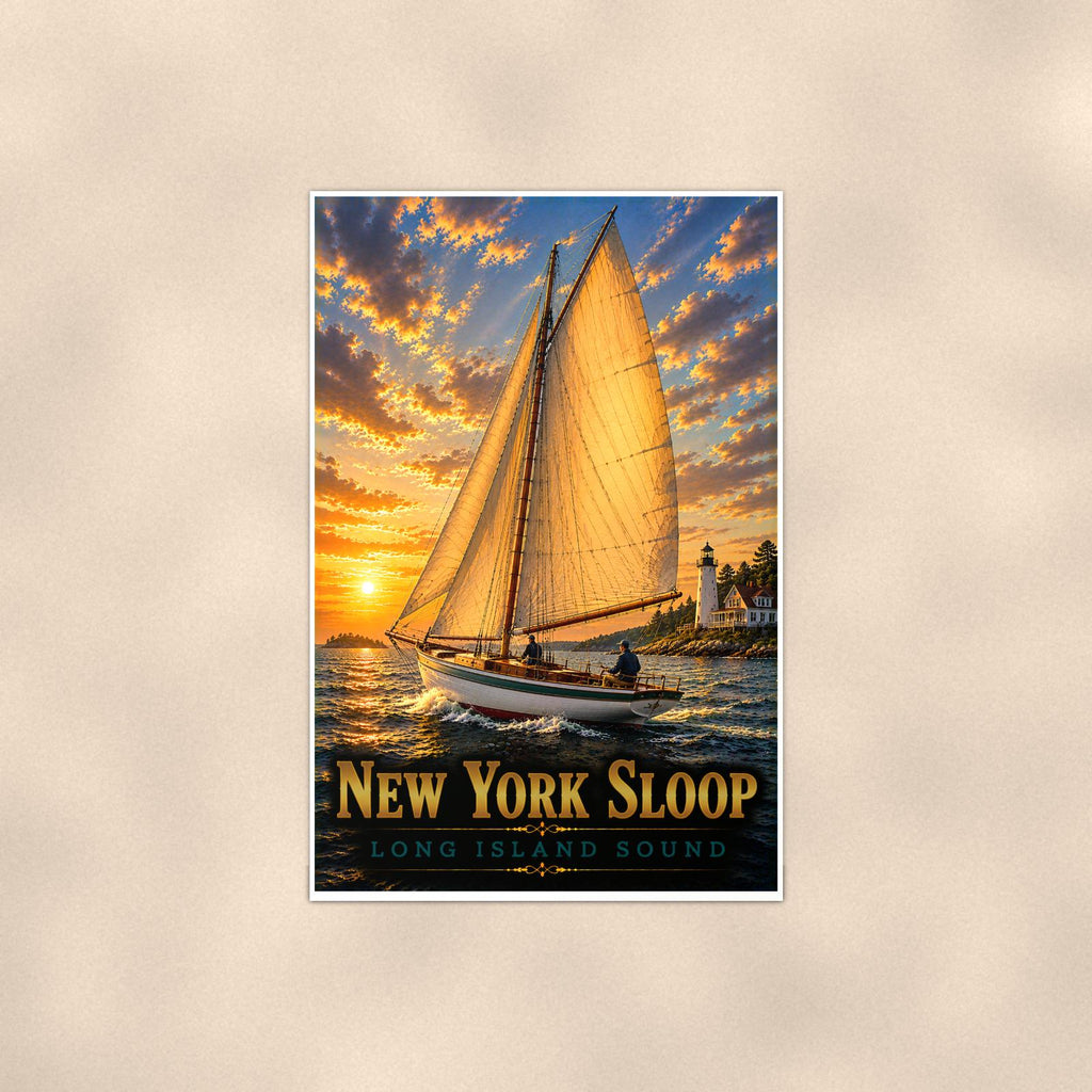New York Sloop — 24x36 in art print poster, premium luster paper with a white border; poster shown straight on against a warm wall.