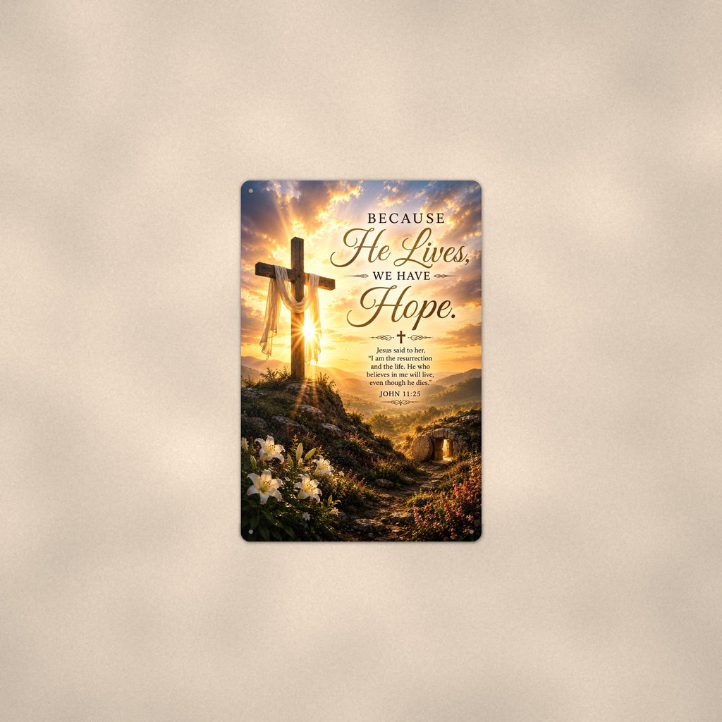 Wooden cross on a sunlit hilltop with the empty tomb memorial art titled "Because He Lives, We Have Hope" on a 8x12 inch sublimated aluminum sign with rounded corners and mounting holes, shown at mid-distance centered on a warm wall
