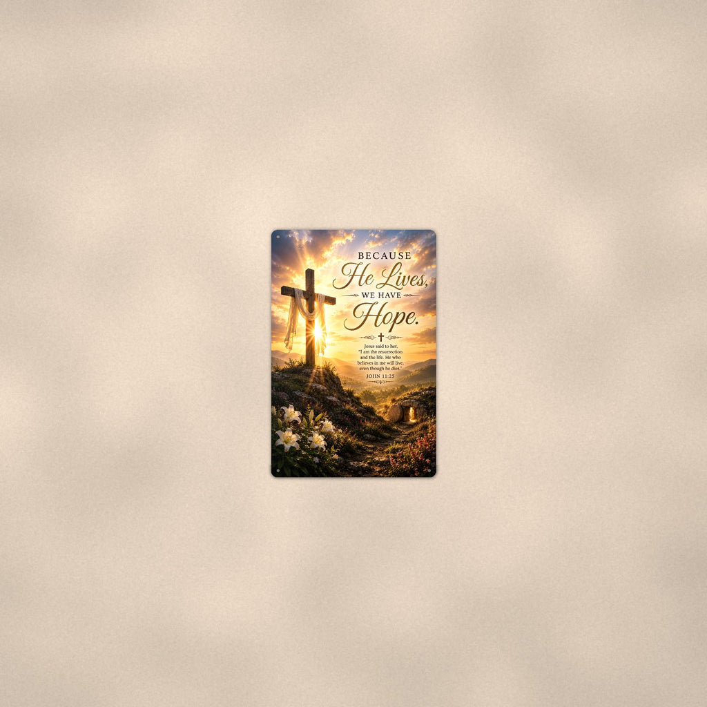 Wooden cross on a sunlit hilltop with the empty tomb memorial art titled "Because He Lives, We Have Hope" on a 8x12 inch sublimated aluminum sign with rounded corners and mounting holes, seen from farther back, small on a softly lit wall