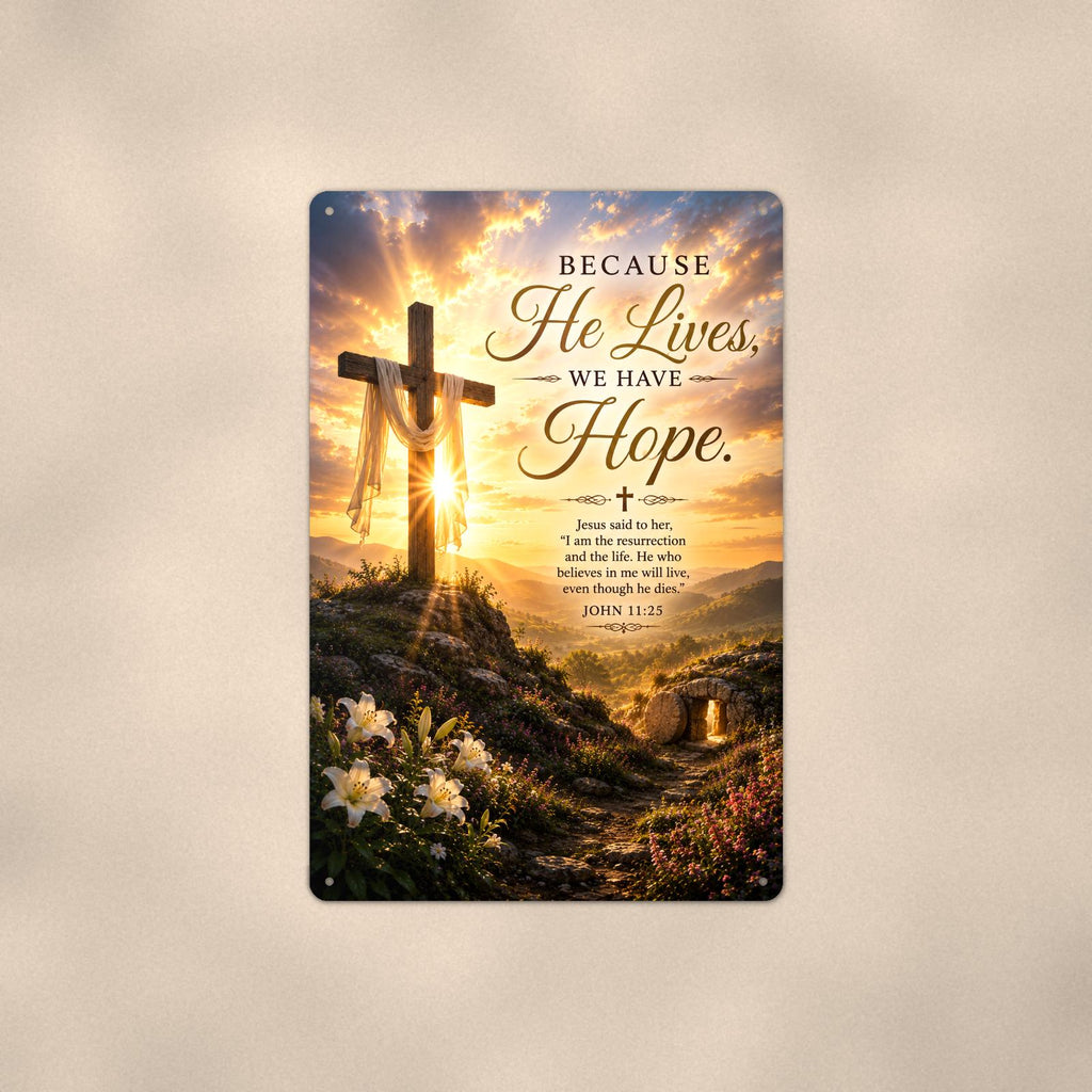 Wooden cross on a sunlit hilltop with the empty tomb memorial art titled "Because He Lives, We Have Hope" on a 8x12 inch sublimated aluminum sign with rounded corners and mounting holes, shown straight on against a second warm wall tone