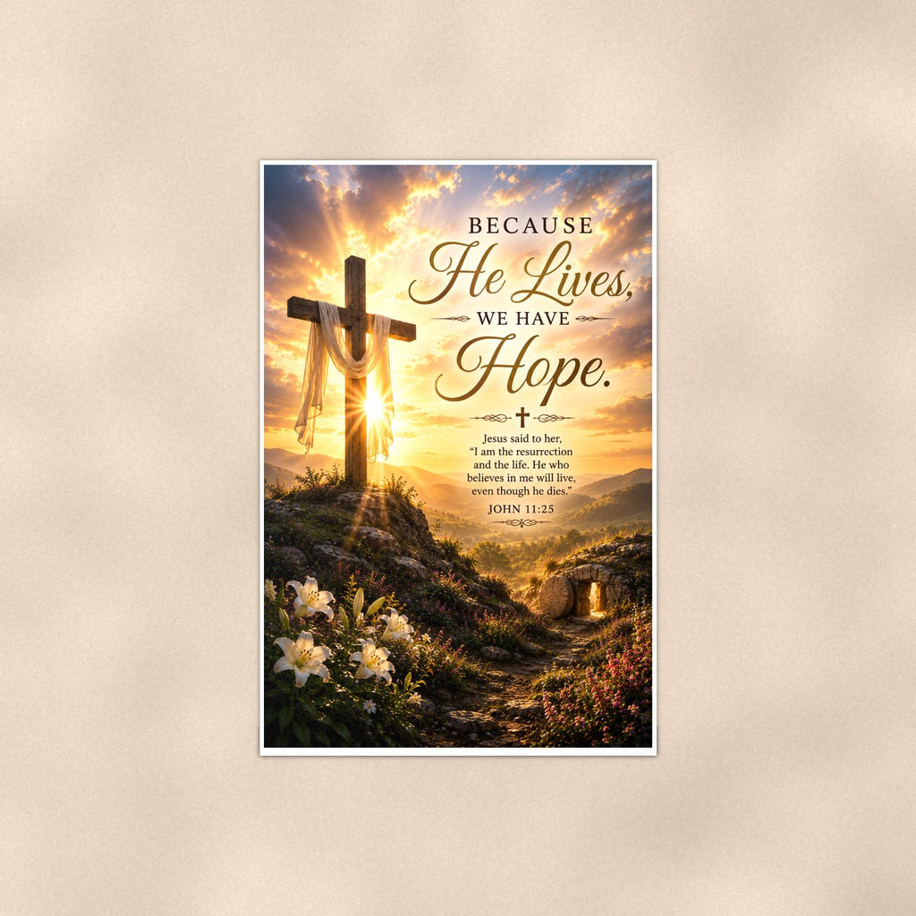 Wooden cross on a sunlit hilltop with the empty tomb memorial art titled "Because He Lives, We Have Hope" on a 24x36 inch luster poster print with a clean white border, shown straight on against a warm neutral wall