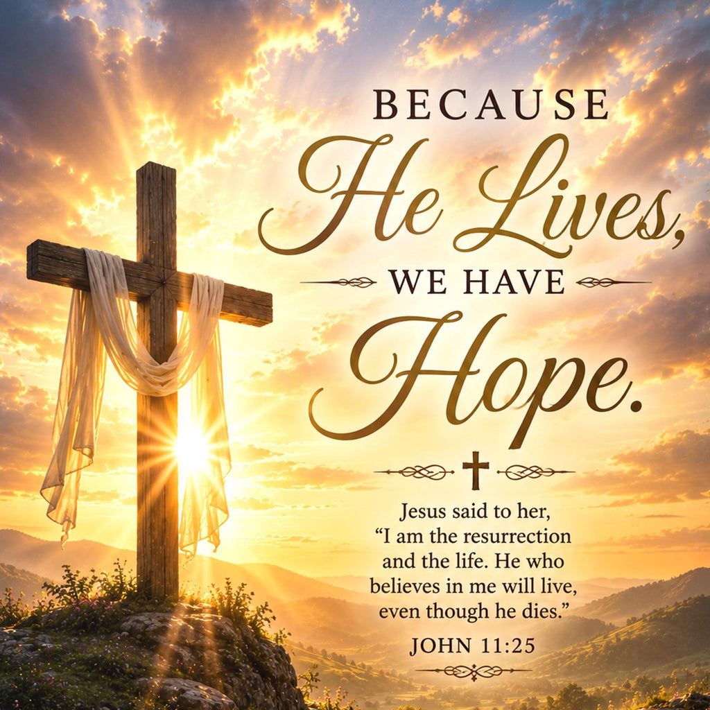 Wooden cross on a sunlit hilltop with the empty tomb memorial art titled "Because He Lives, We Have Hope" on a 24x36 inch luster poster print with a clean white border, close-up detail of the print filling the frame