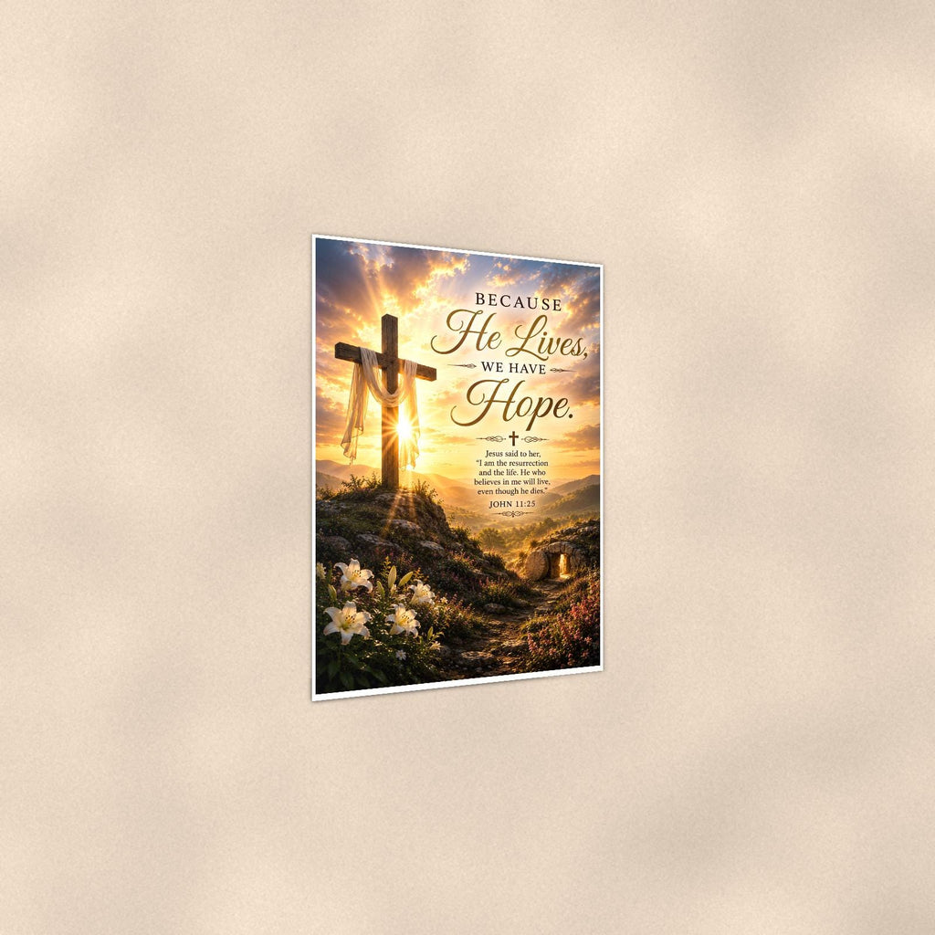 Wooden cross on a sunlit hilltop with the empty tomb memorial art titled "Because He Lives, We Have Hope" on a 24x36 inch luster poster print with a clean white border, shown at a three-quarter angle on the wall