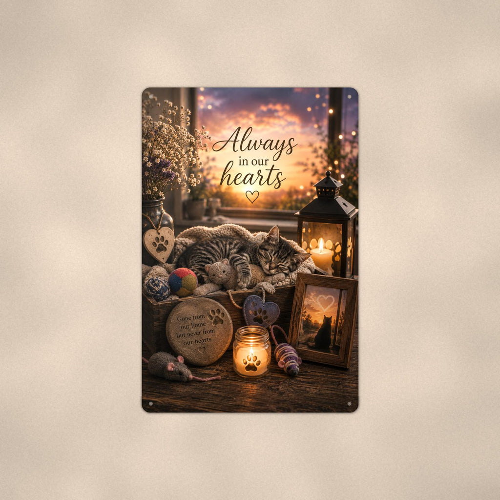 Sleeping tabby kitten memorial still life memorial art titled "Always in our hearts" on a 8x12 inch sublimated aluminum sign with rounded corners and mounting holes, shown straight on against a warm neutral wall