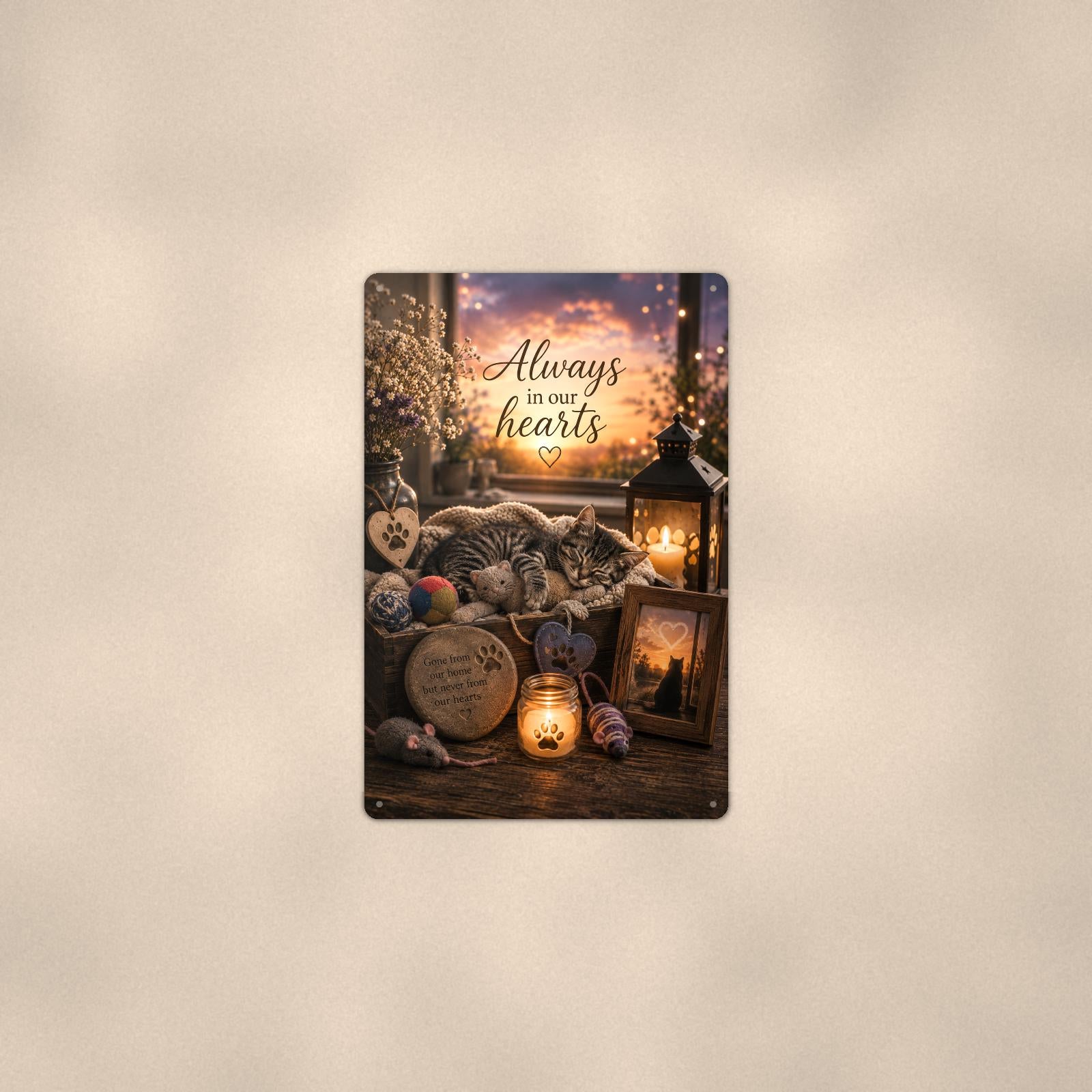 Sleeping tabby kitten memorial still life memorial art titled "Always in our hearts" on a 8x12 inch sublimated aluminum sign with rounded corners and mounting holes, shown at mid-distance centered on a warm wall