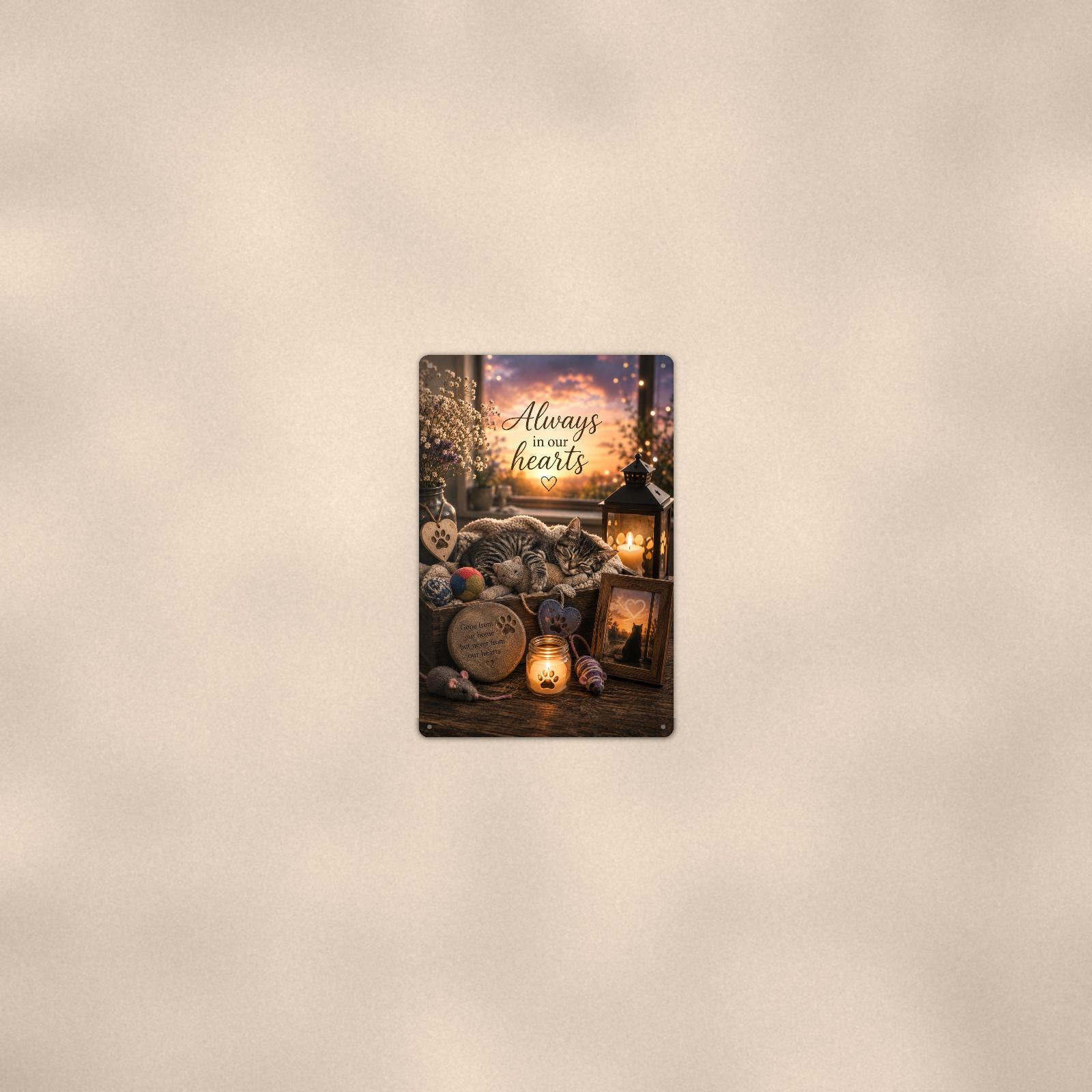 Sleeping tabby kitten memorial still life memorial art titled "Always in our hearts" on a 8x12 inch sublimated aluminum sign with rounded corners and mounting holes, seen from farther back, small on a softly lit wall