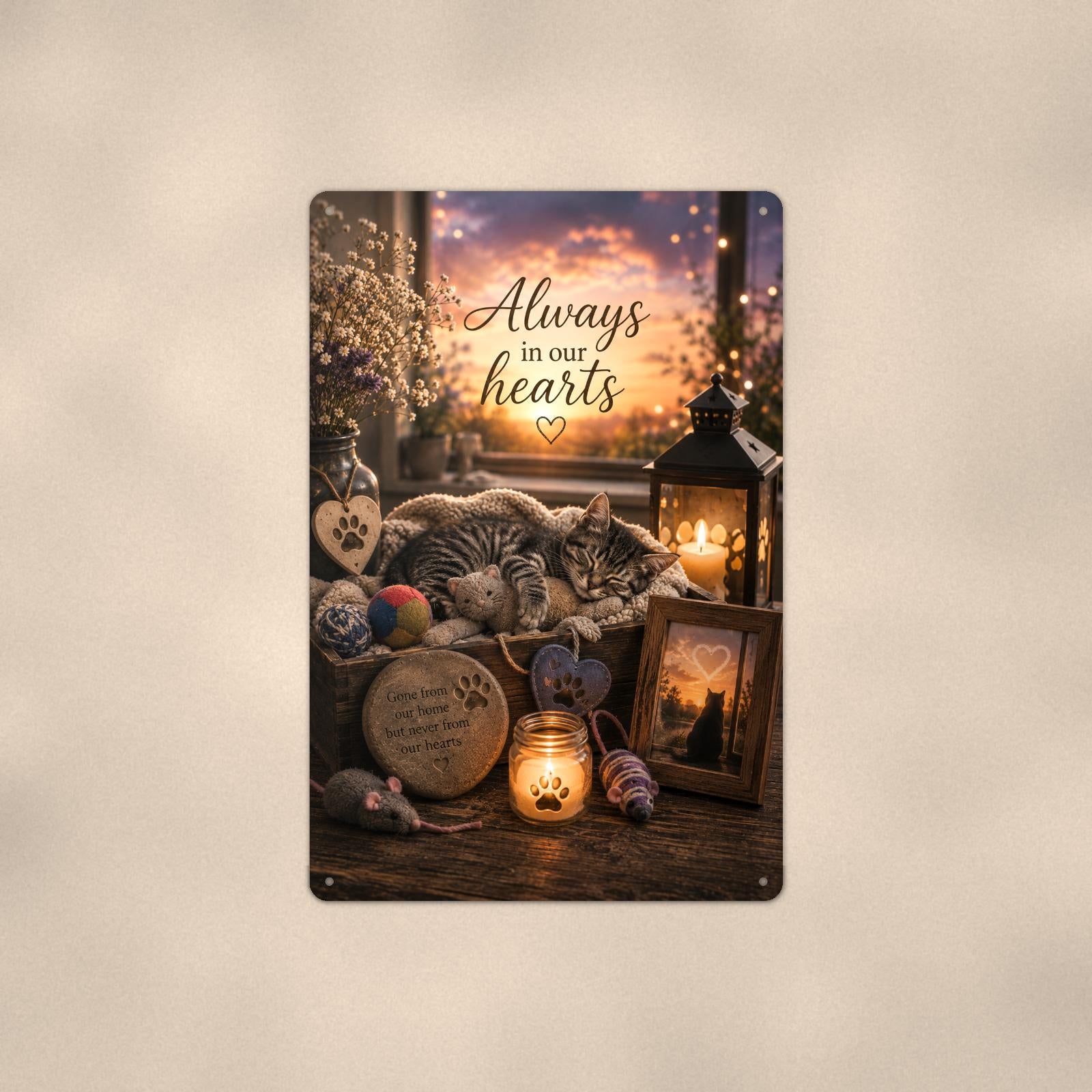 Sleeping tabby kitten memorial still life memorial art titled "Always in our hearts" on a 8x12 inch sublimated aluminum sign with rounded corners and mounting holes, shown straight on against a second warm wall tone