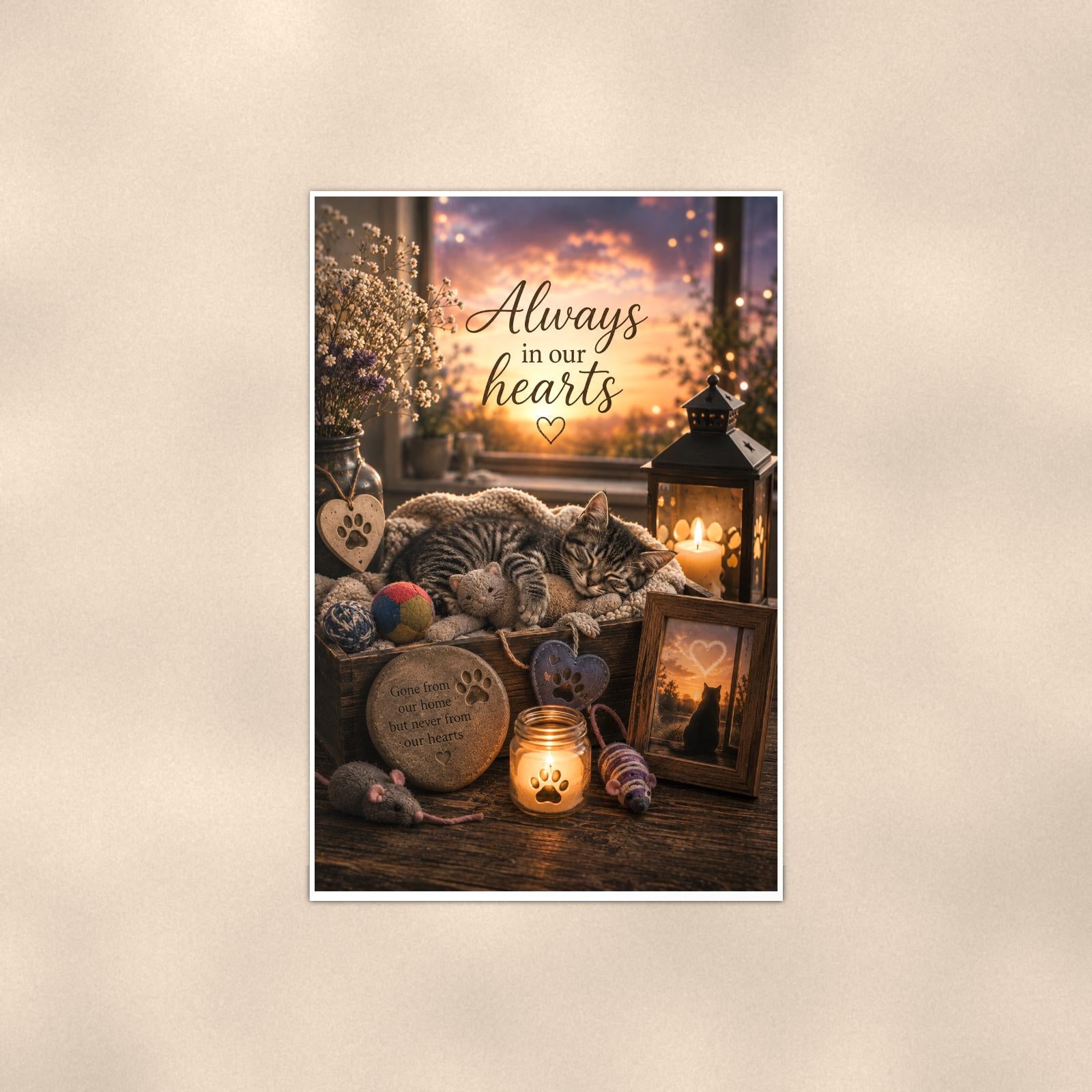 Sleeping tabby kitten memorial still life memorial art titled "Always in our hearts" on a 24x36 inch luster poster print with a clean white border, shown straight on against a warm neutral wall