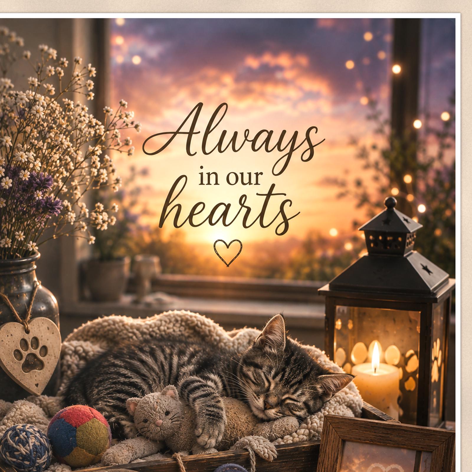 Sleeping tabby kitten memorial still life memorial art titled "Always in our hearts" on a 24x36 inch luster poster print with a clean white border, close-up detail of the print filling the frame