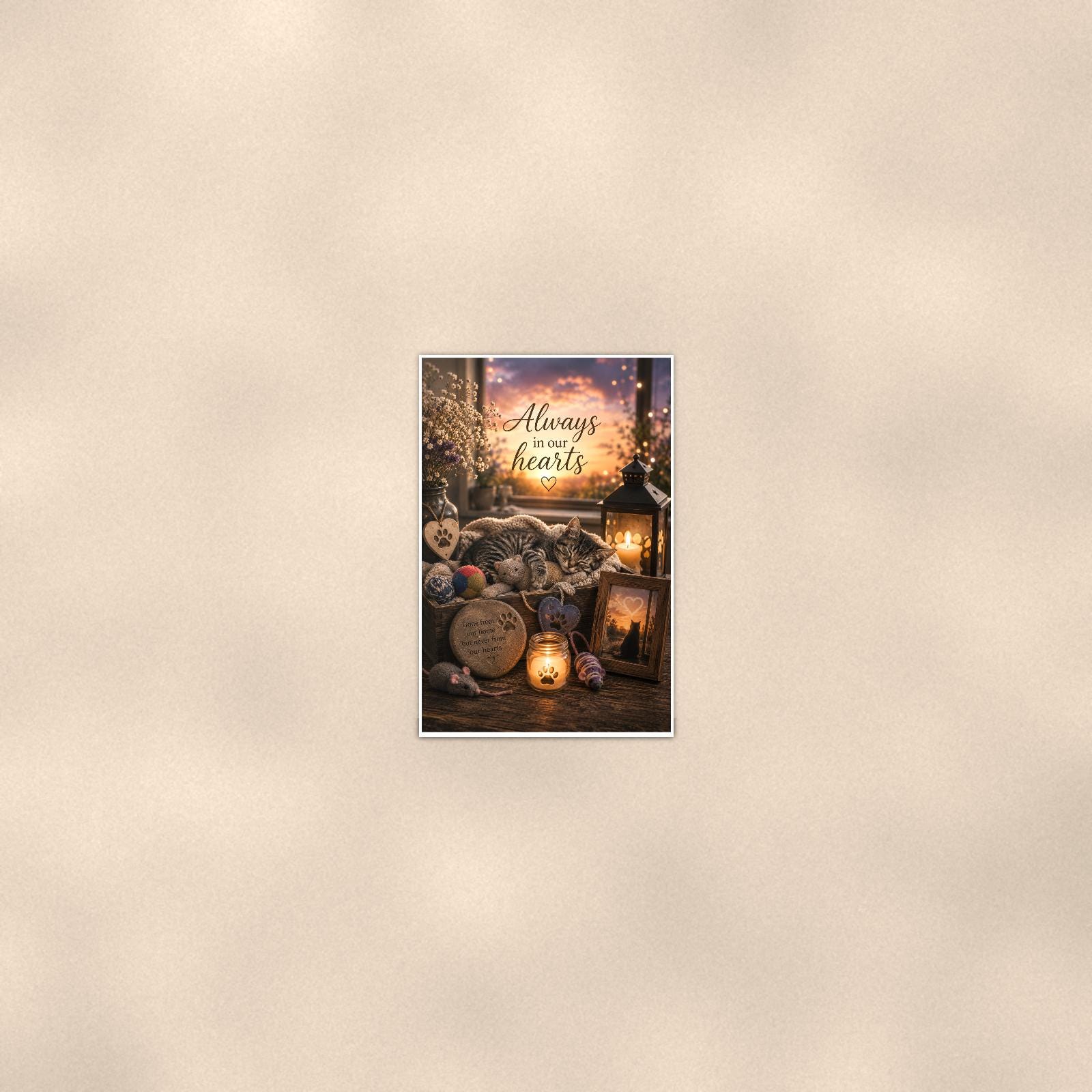 Sleeping tabby kitten memorial still life memorial art titled "Always in our hearts" on a 24x36 inch luster poster print with a clean white border, seen from farther back, small on a softly lit wall