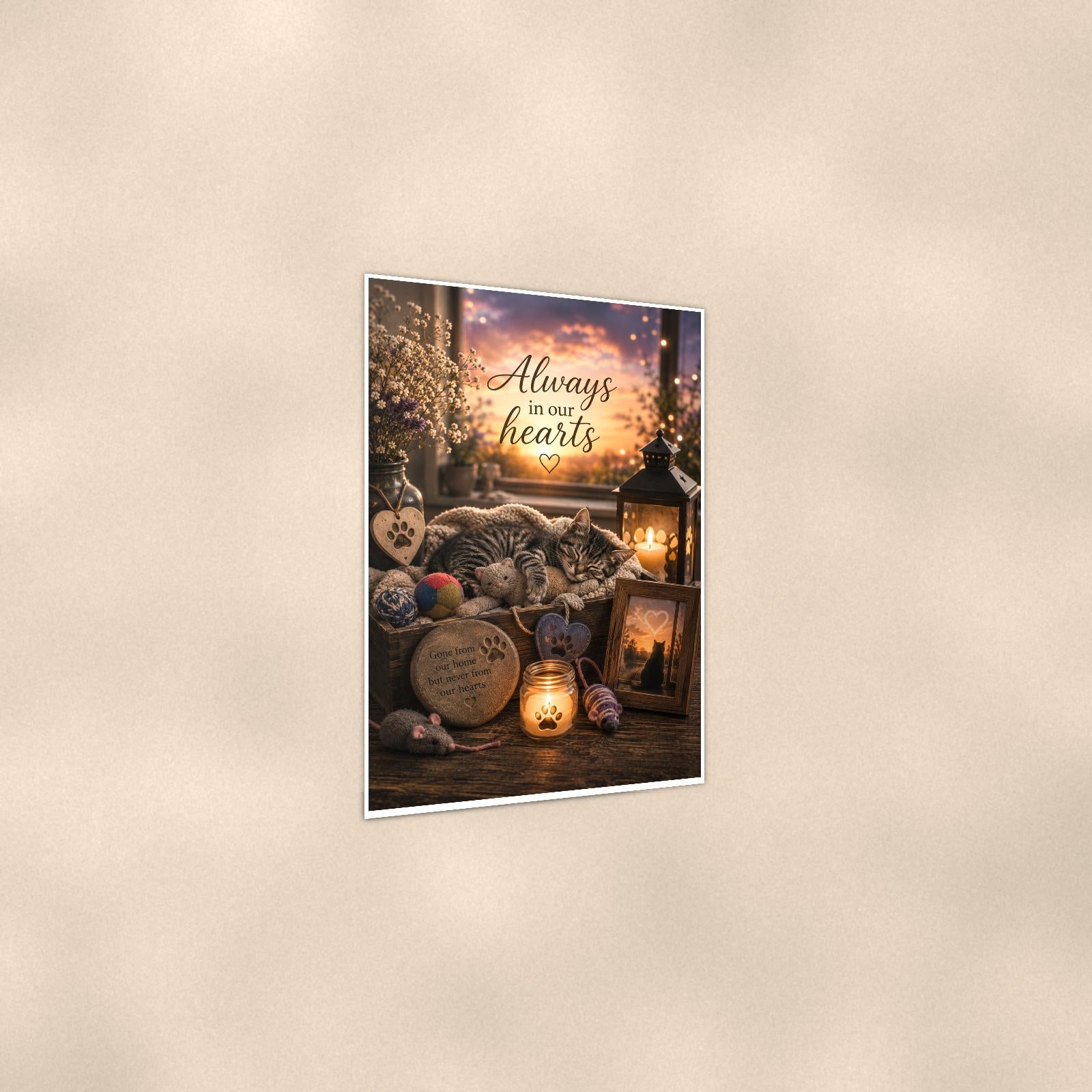 Sleeping tabby kitten memorial still life memorial art titled "Always in our hearts" on a 24x36 inch luster poster print with a clean white border, shown at a three-quarter angle on the wall