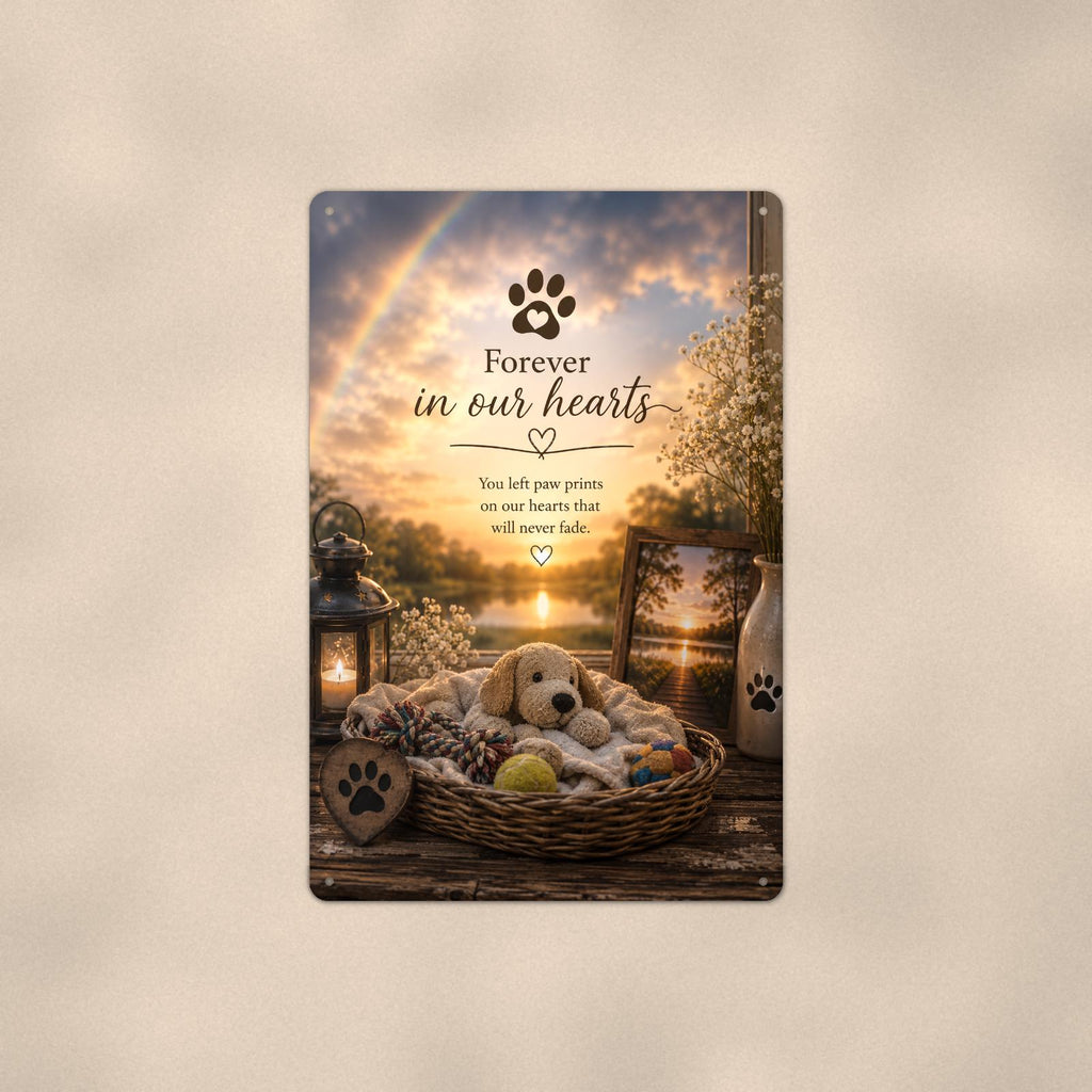 Puppy dog bed under a rainbow memorial art titled "Forever in our hearts" on a 8x12 inch sublimated aluminum sign with rounded corners and mounting holes, shown straight on against a warm neutral wall