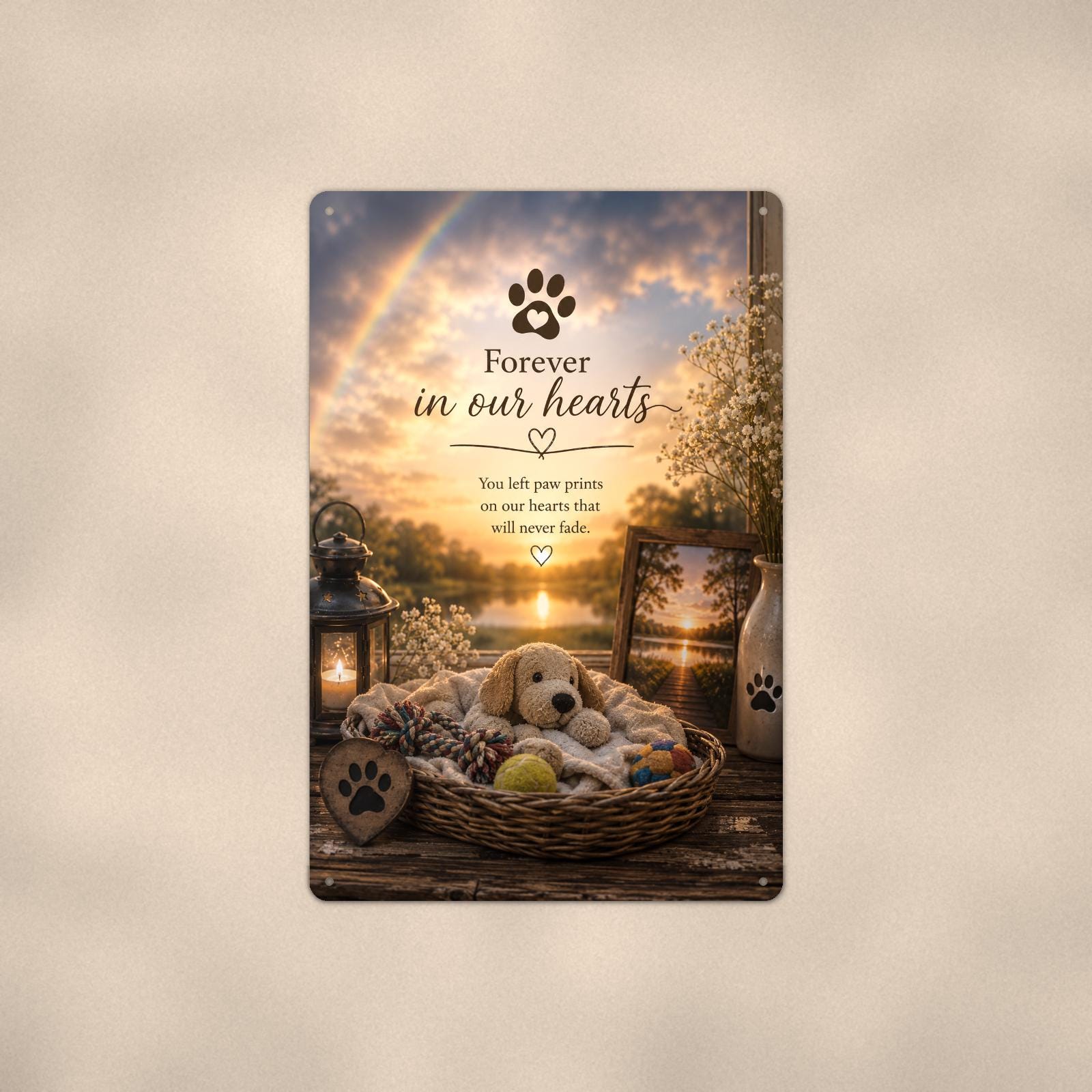 Puppy dog bed under a rainbow memorial art titled "Forever in our hearts" on a 8x12 inch sublimated aluminum sign with rounded corners and mounting holes, shown straight on against a second warm wall tone