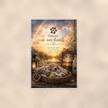 Puppy dog bed under a rainbow memorial art titled "Forever in our hearts" on a 24x36 inch luster poster print with a clean white border, shown straight on against a warm neutral wall