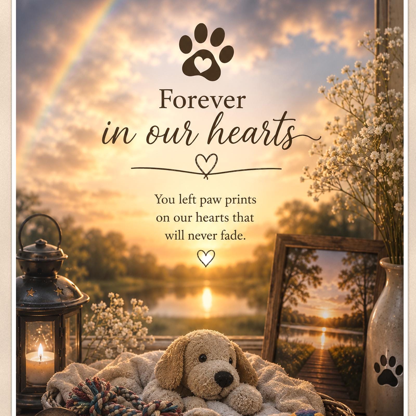 Puppy dog bed under a rainbow memorial art titled "Forever in our hearts" on a 24x36 inch luster poster print with a clean white border, close-up detail of the print filling the frame