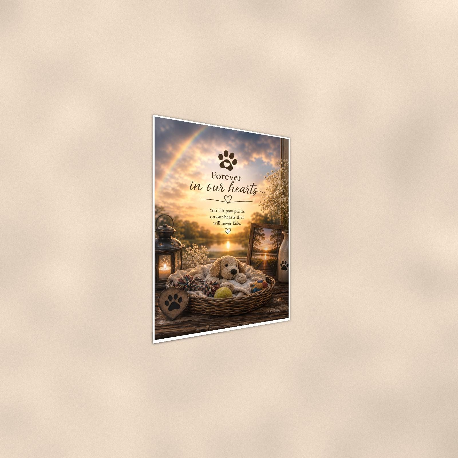 Puppy dog bed under a rainbow memorial art titled "Forever in our hearts" on a 24x36 inch luster poster print with a clean white border, shown at a gentle angle from the other side