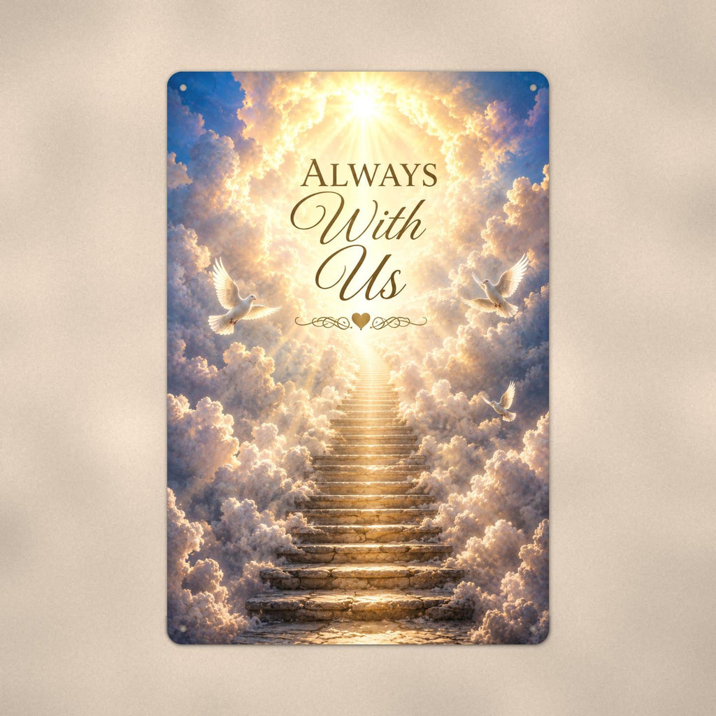Stairway to heaven with white doves memorial art titled "Always With Us" on a 8x12 inch sublimated aluminum sign with rounded corners and mounting holes, close-up view filling the frame, showing the smooth sublimated print surface
