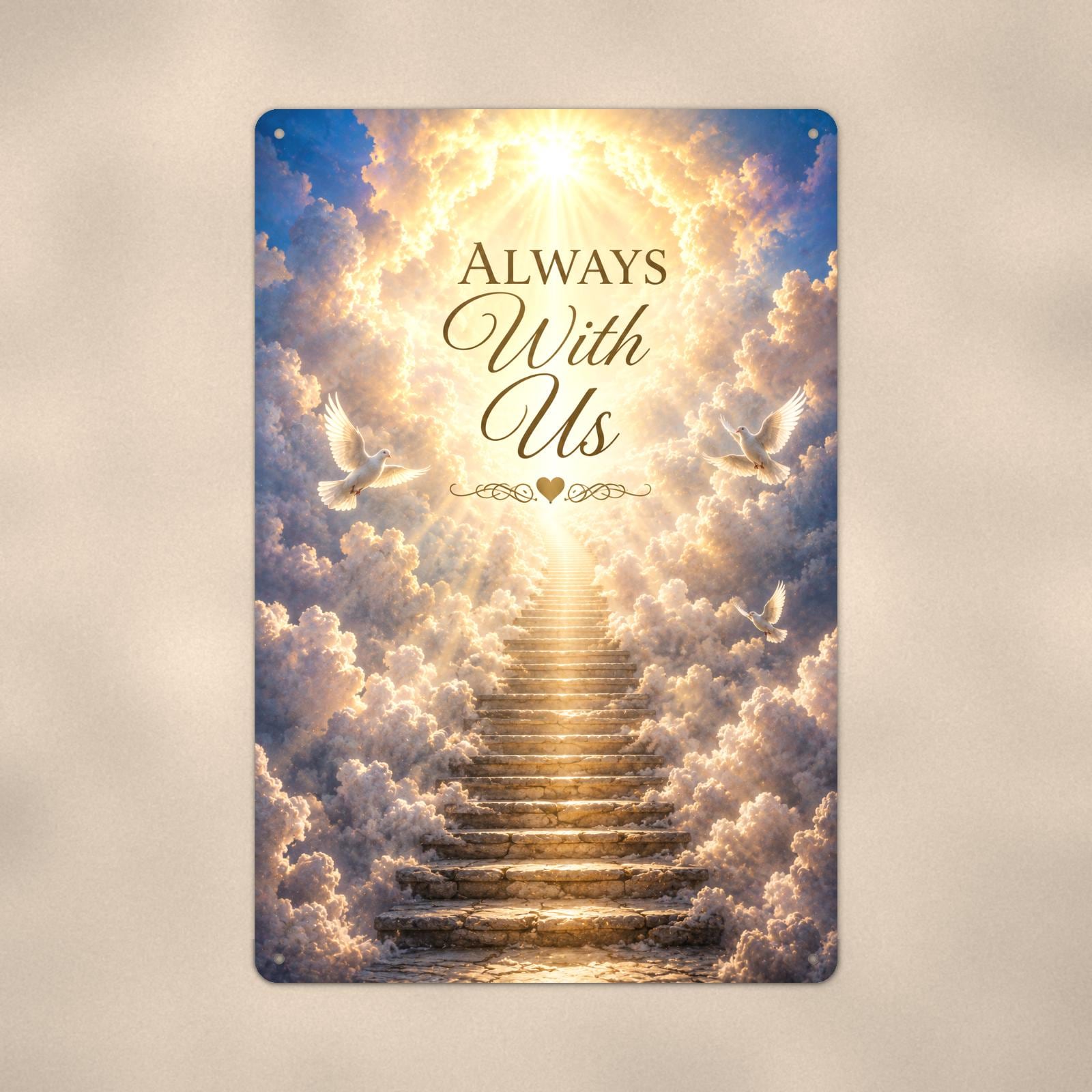 Stairway to heaven with white doves memorial art titled "Always With Us" on a 8x12 inch sublimated aluminum sign with rounded corners and mounting holes, close-up view filling the frame, showing the smooth sublimated print surface