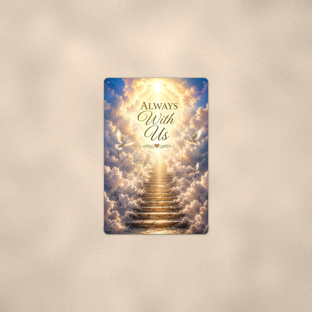 Stairway to heaven with white doves memorial art titled "Always With Us" on a 8x12 inch sublimated aluminum sign with rounded corners and mounting holes, shown at mid-distance centered on a warm wall