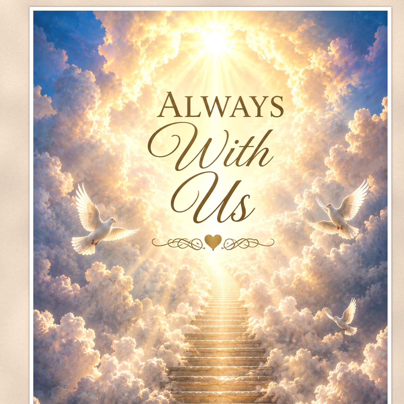 Stairway to heaven with white doves memorial art titled "Always With Us" on a 24x36 inch luster poster print with a clean white border, close-up detail of the print filling the frame