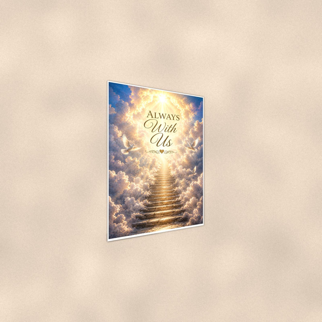 Stairway to heaven with white doves memorial art titled "Always With Us" on a 24x36 inch luster poster print with a clean white border, shown at a gentle angle from the other side